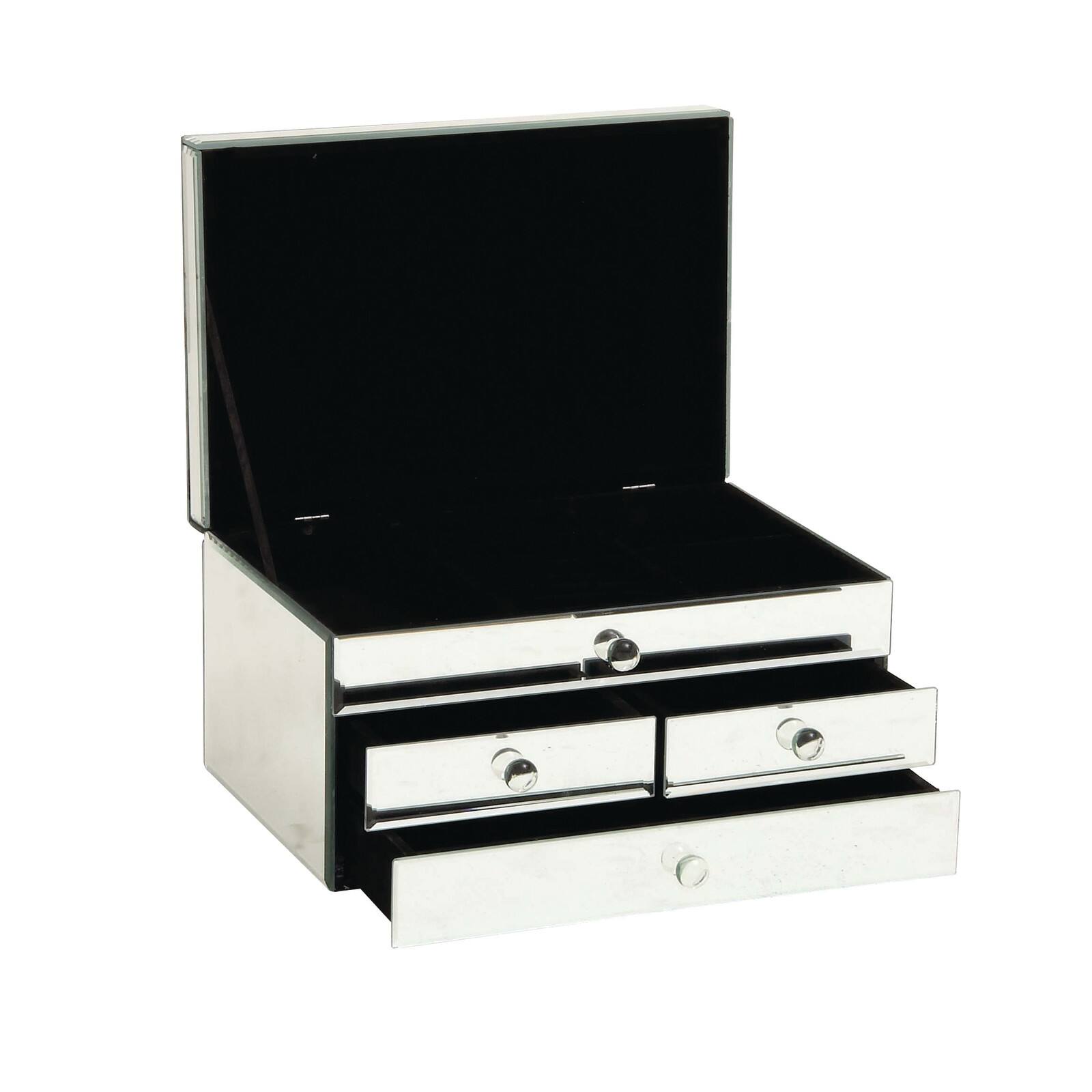 Silver Mirror and Wood Glam Jewelry Box, 6&#x22; x 11&#x22; x 9&#x22;