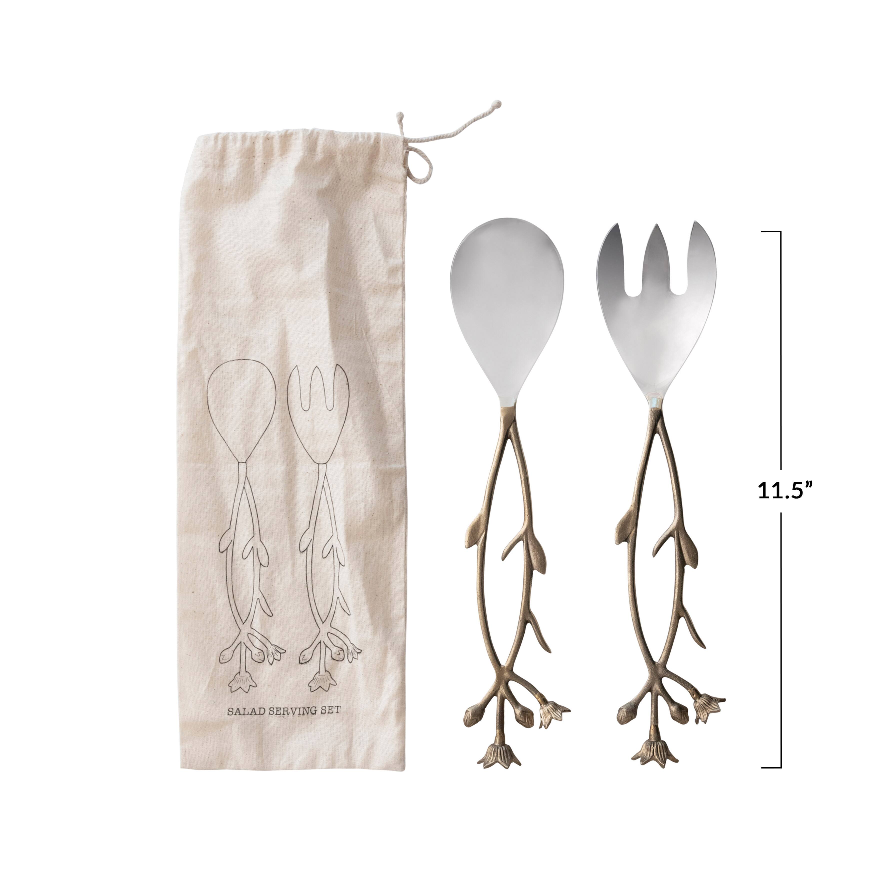 11.5&#x22; Stainless Steel &#x26; Brass Salad Servers Set