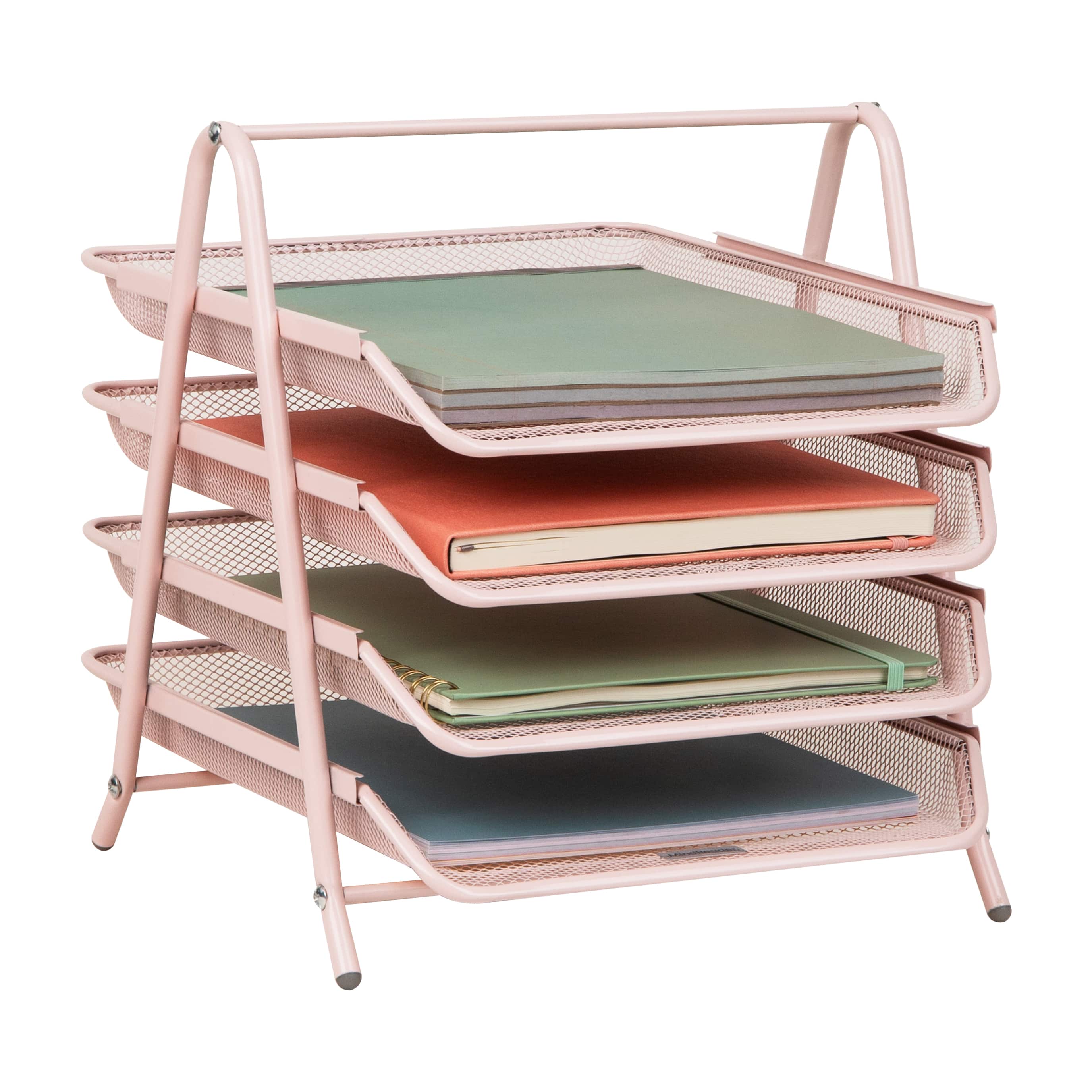 Mind Reader 4-Tier Paper Tray Organizer, Desktop File Sorter with Handle, Document Storage, Slide-Out Trays, Metal Mesh, Pink