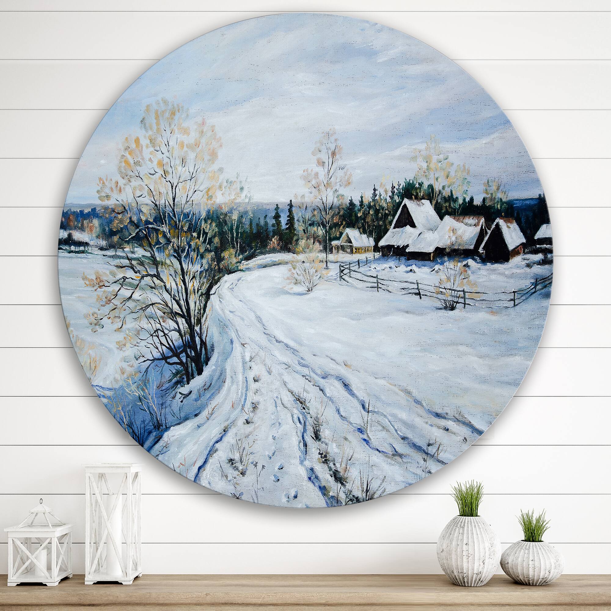 Designart - Country Road In Winter Times II - Traditional Metal Circle Wall Art