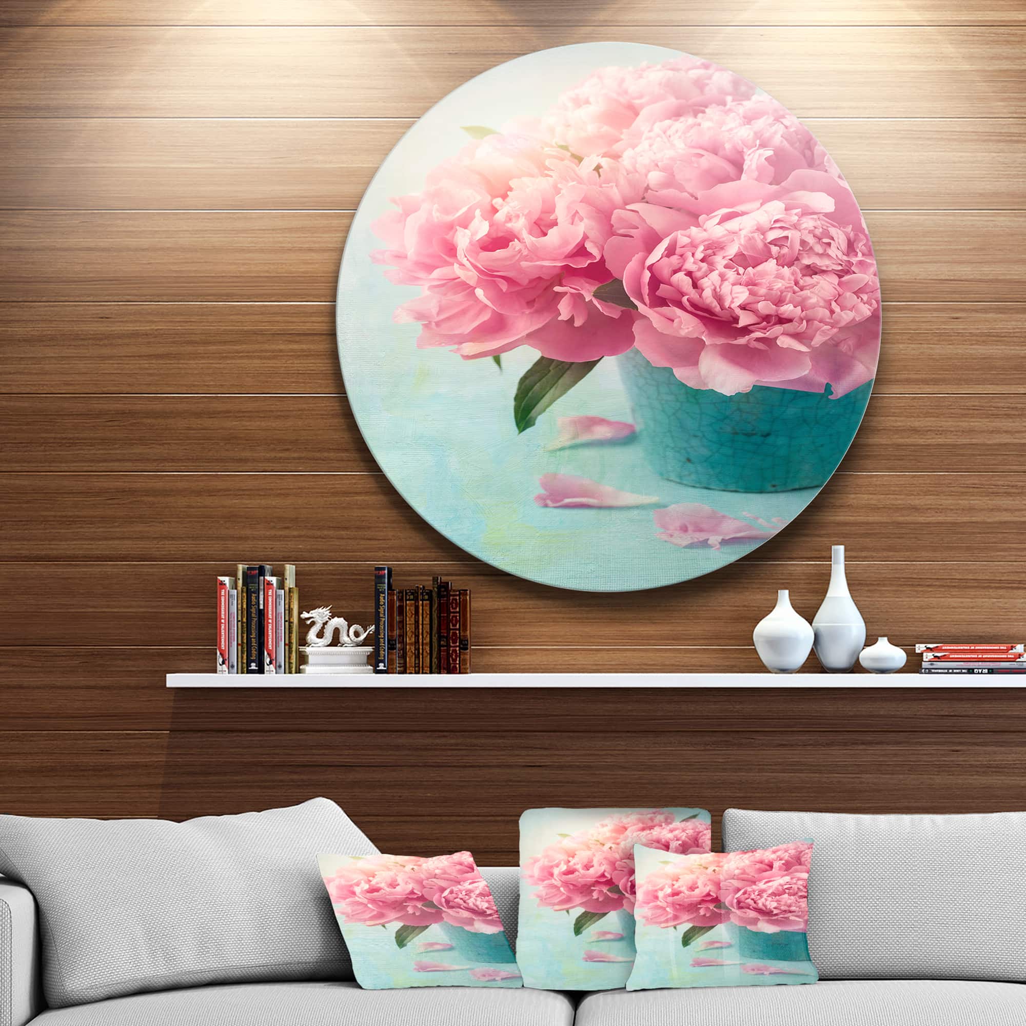 Designart - Pink Peony Flowers in Vase' Ultra Glossy Floral Metal Circle Wall Art