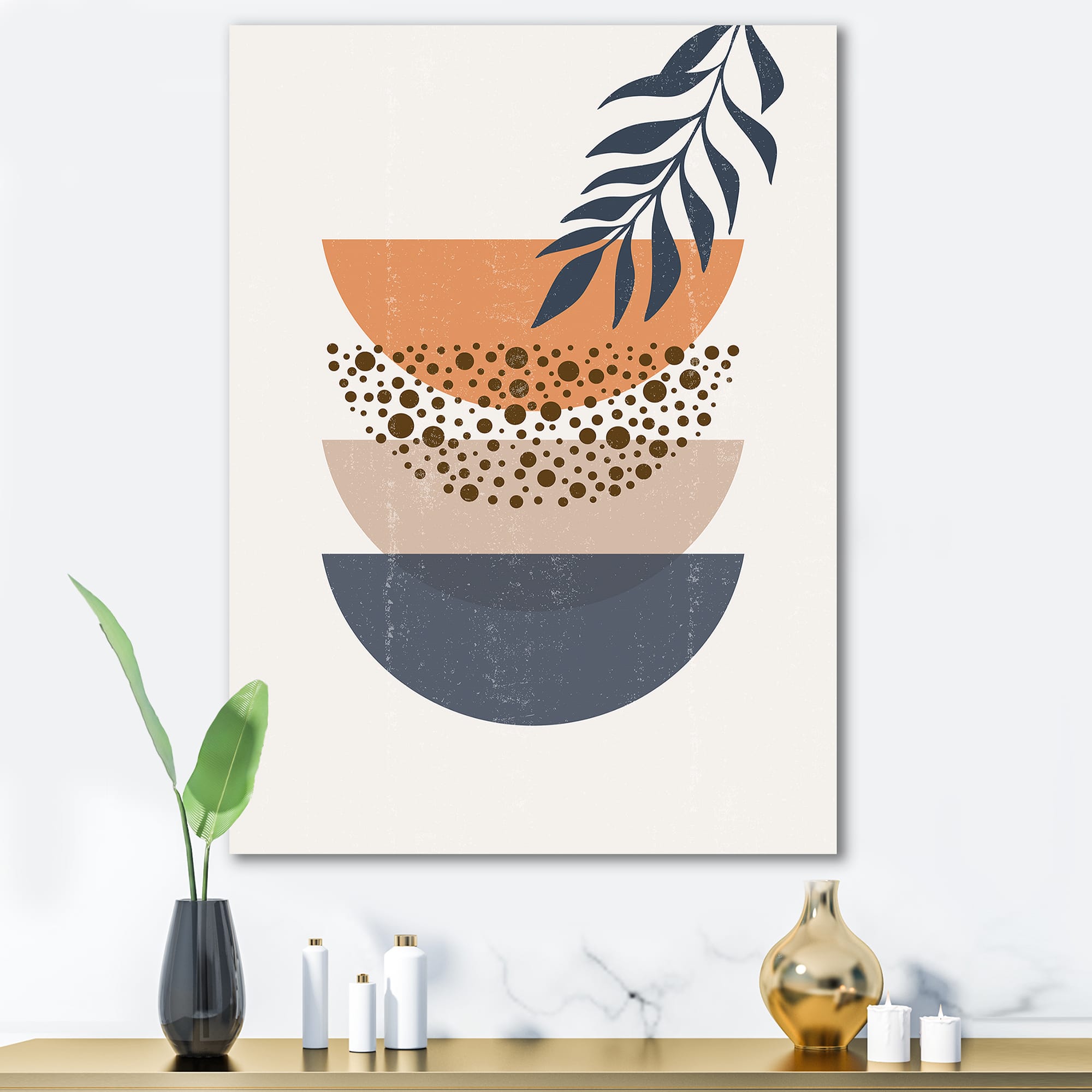 Designart - Abstract Geometrical Sun and Moon With Leaf IV - Modern Canvas Wall Art Print