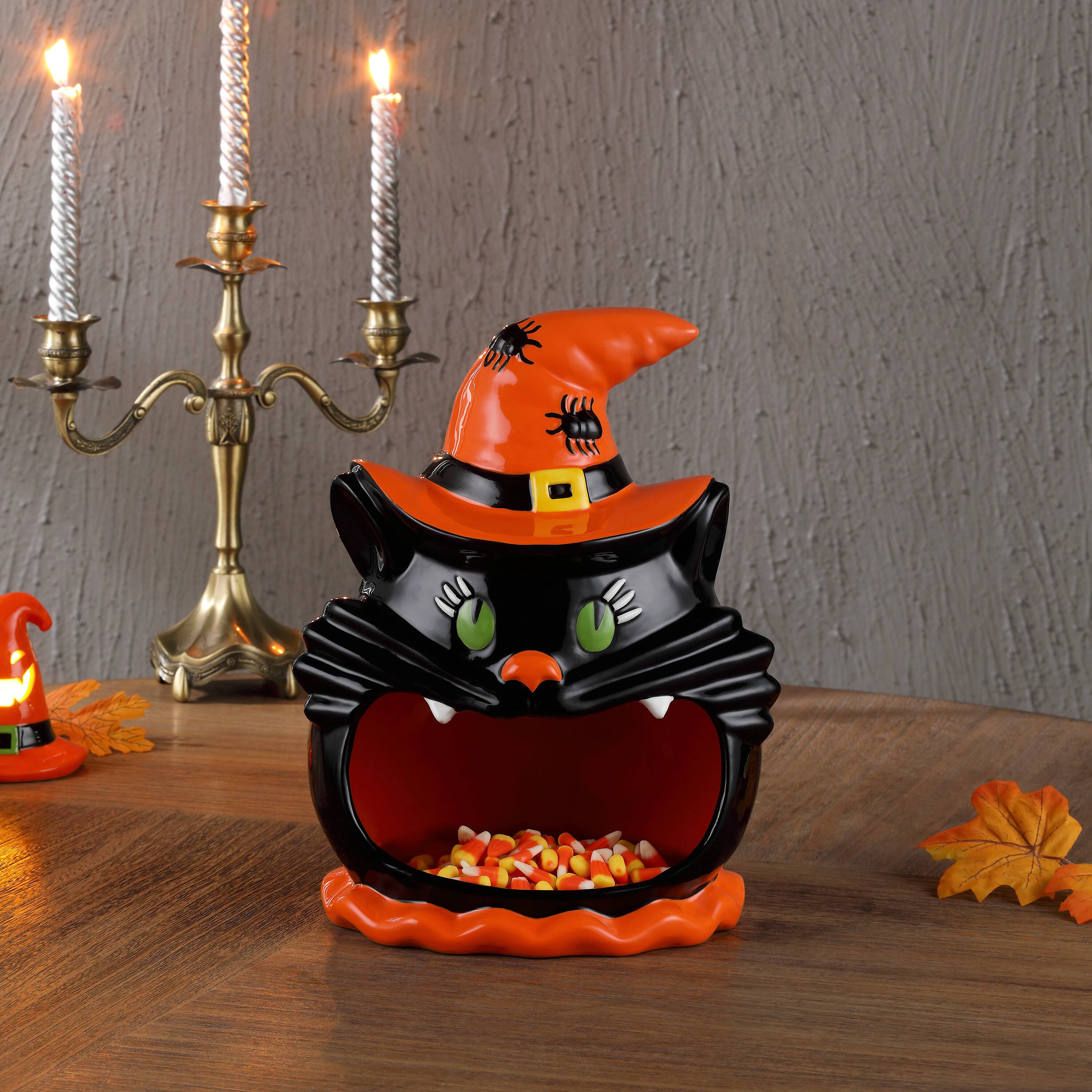 Mr. Halloween 12&#x22; Motion Activated Ceramic Black Cat Candy Bowl
