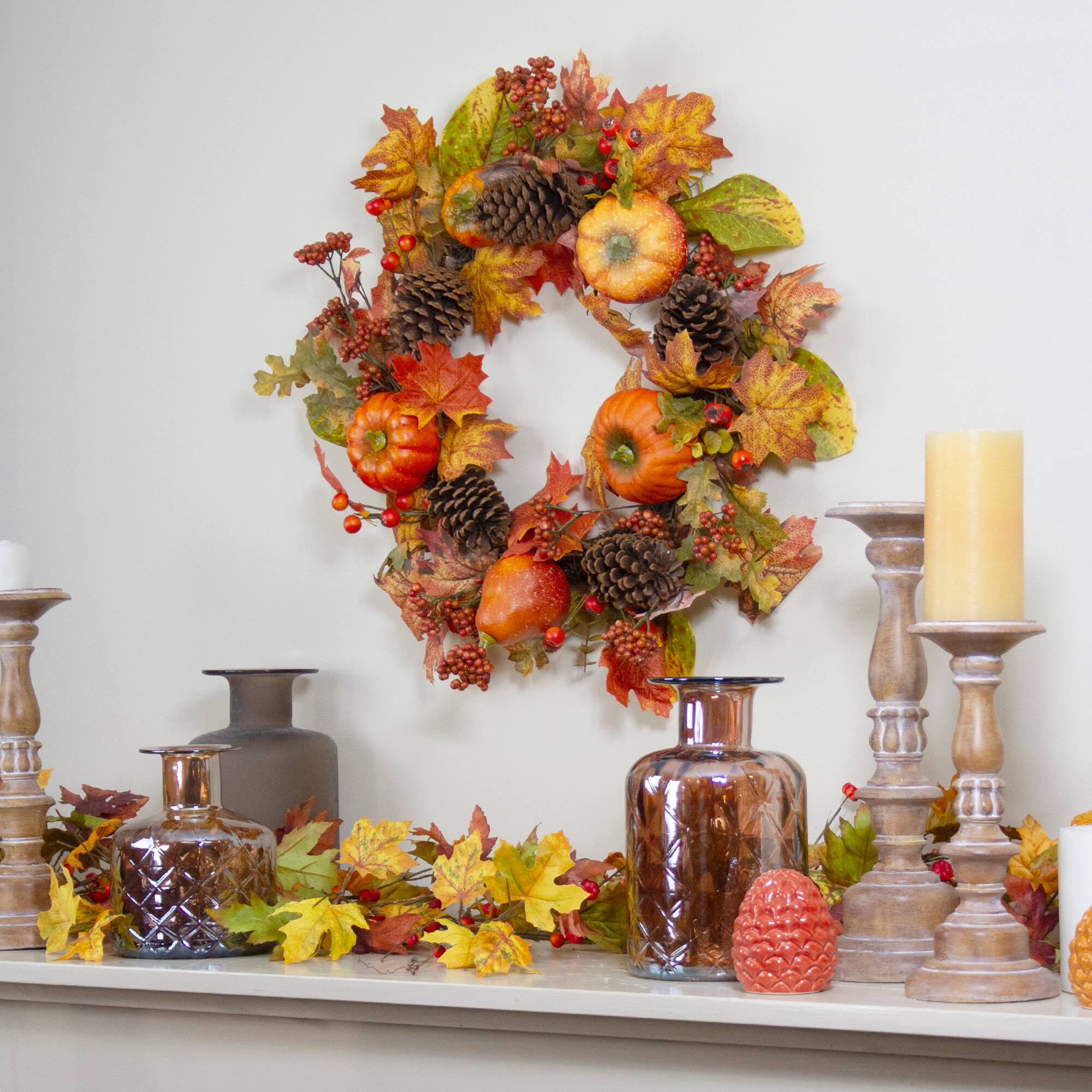 24" Pumpkins, Pinecones & Berries Fall Harvest Wreath