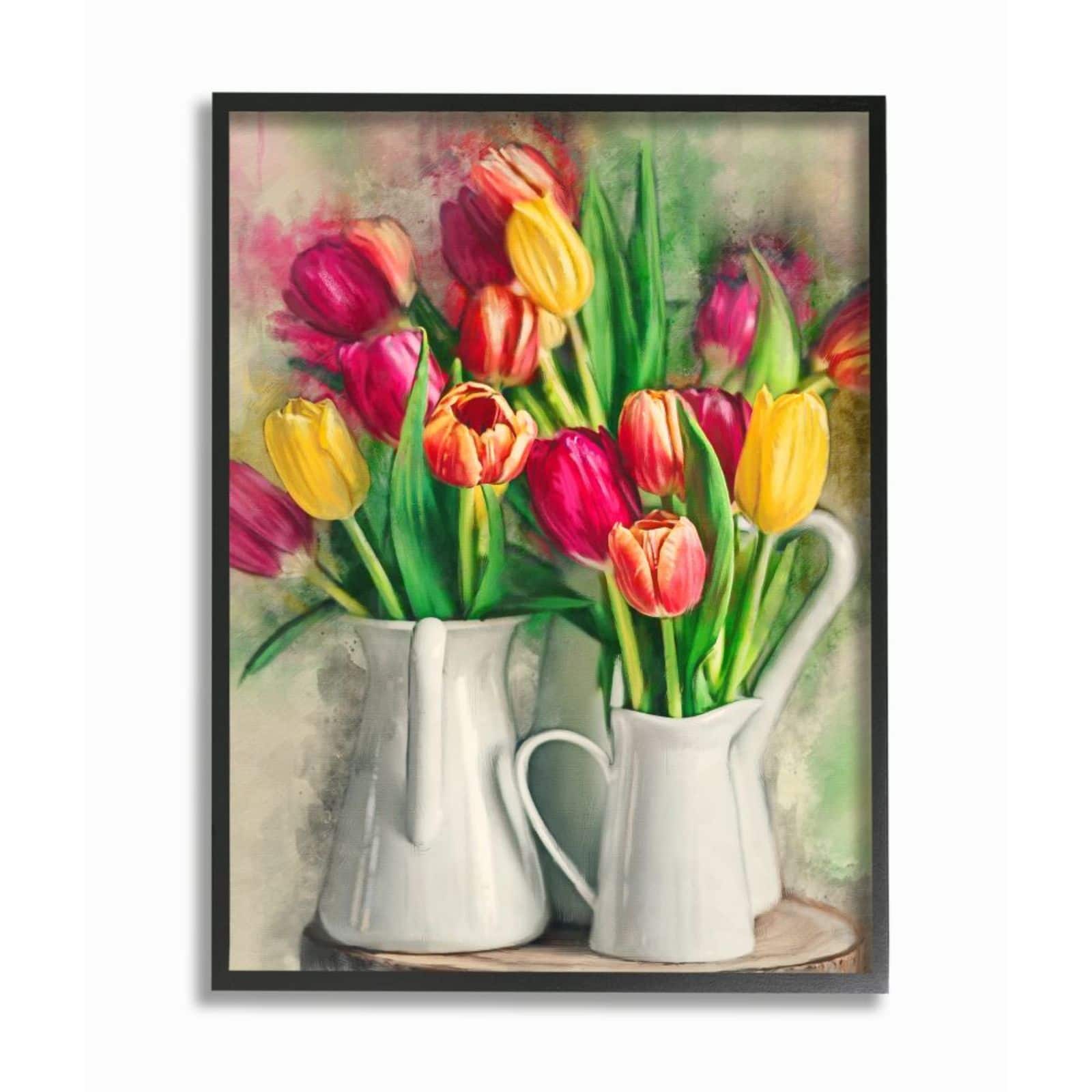 Stupell Industries Colorful Tulip Assortments in Farm Pitchers with Black Frame Wall Accent