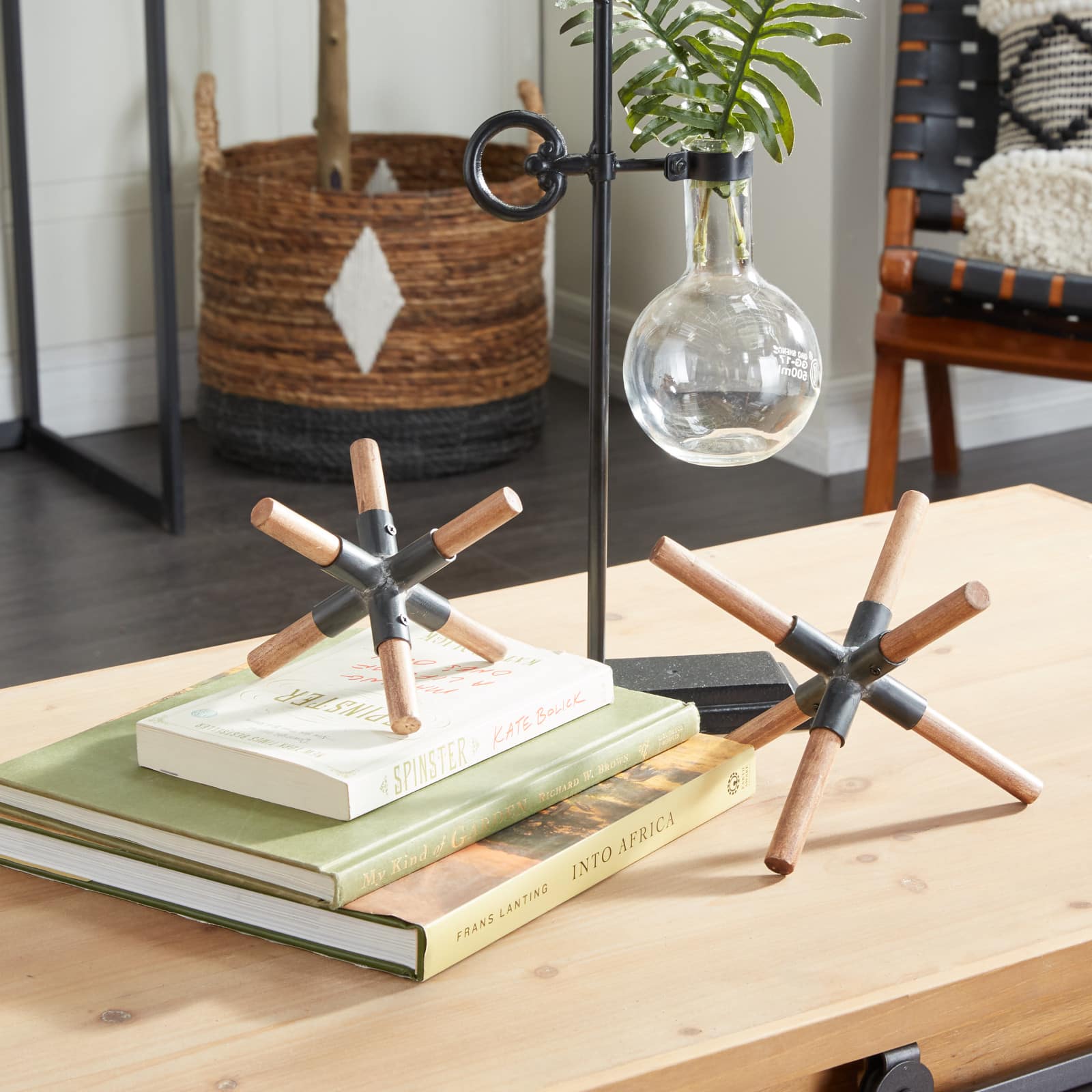 Set of 2 Brown Wood Industrial Sculptures, 6" x 6" x 5"