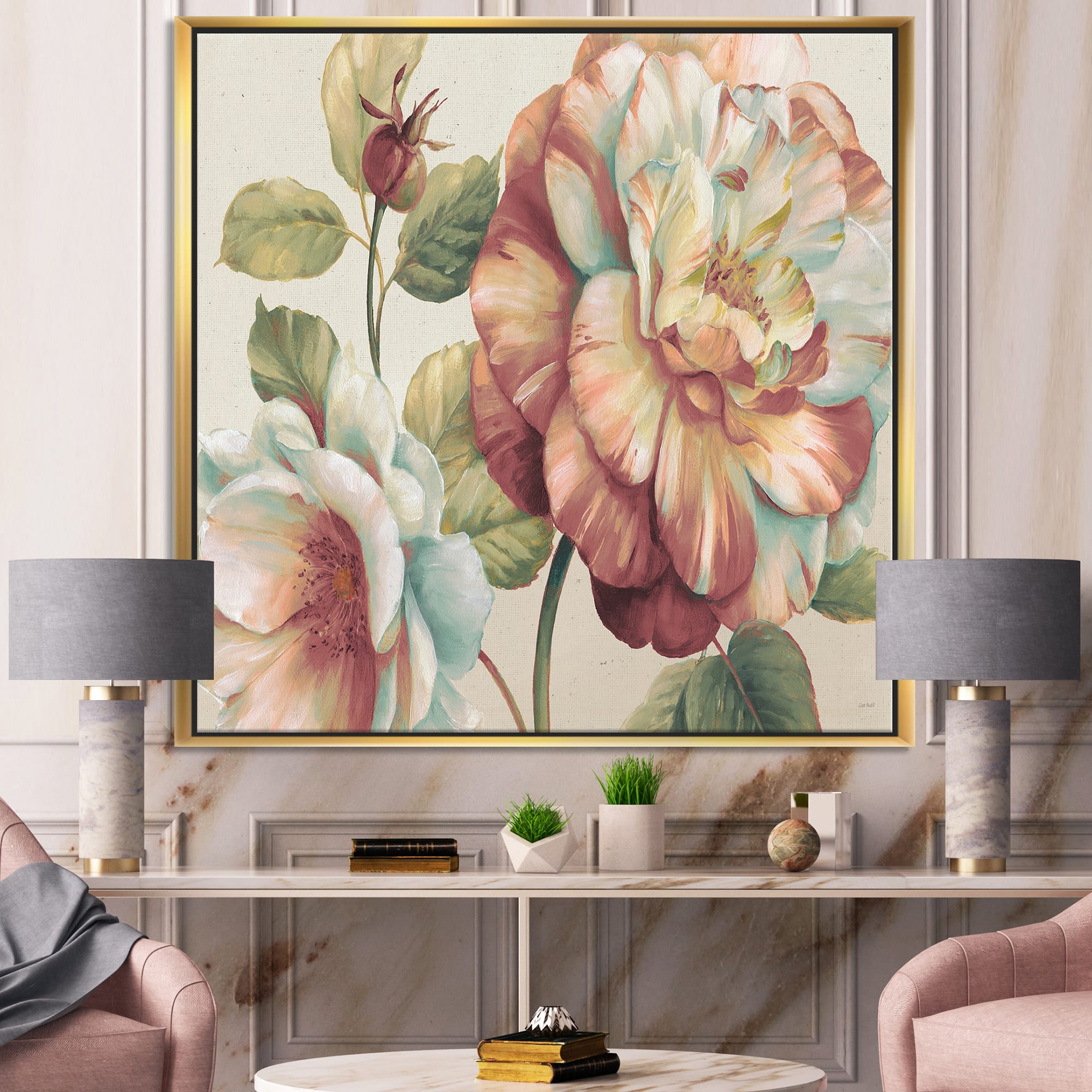 Designart - Romantic Dark Rose Blossing Flowers - Floral Canvas in Gold Frame