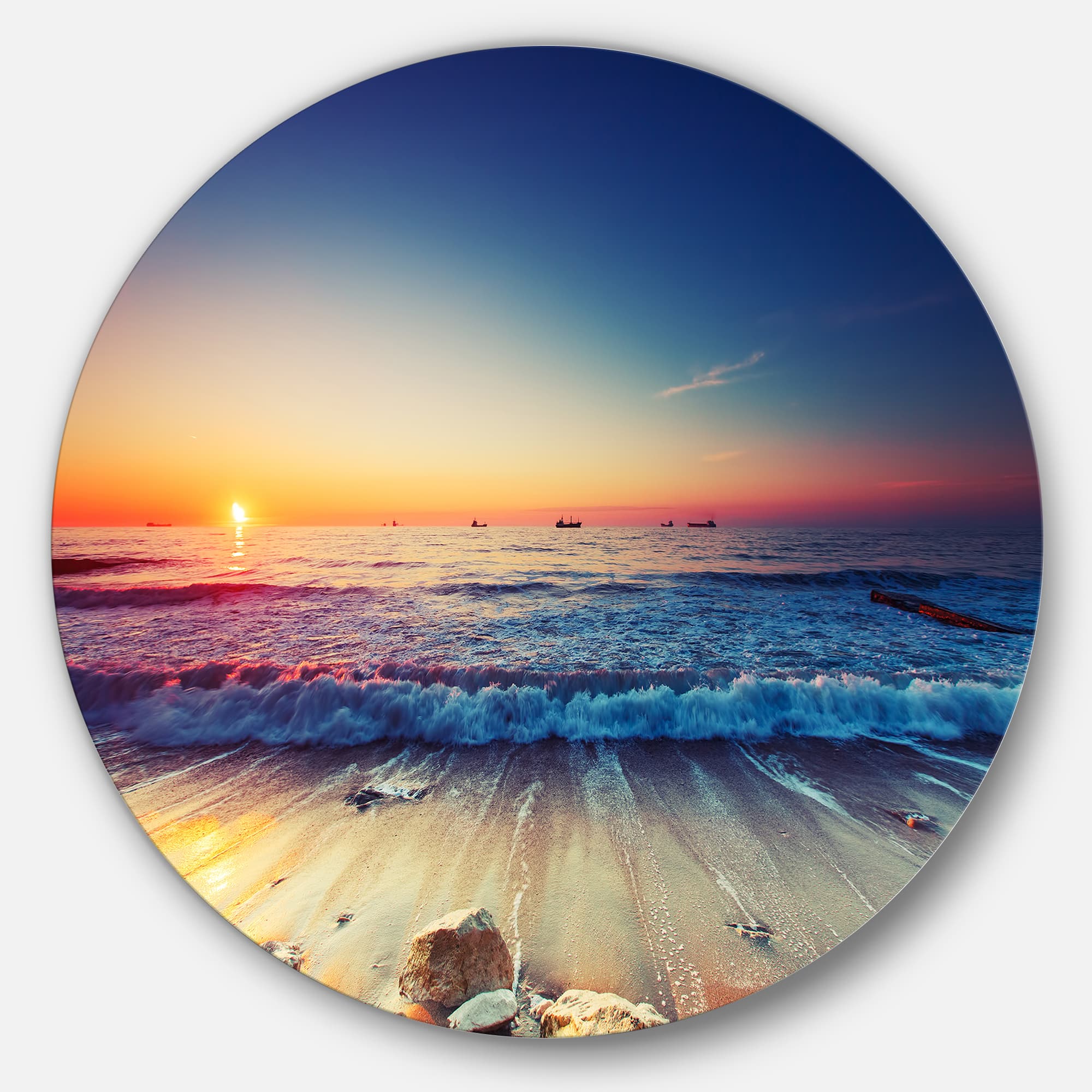 Designart - Beautiful Sunrise over Blue Sea&#x27; Seashore Metal Circle Wall Art