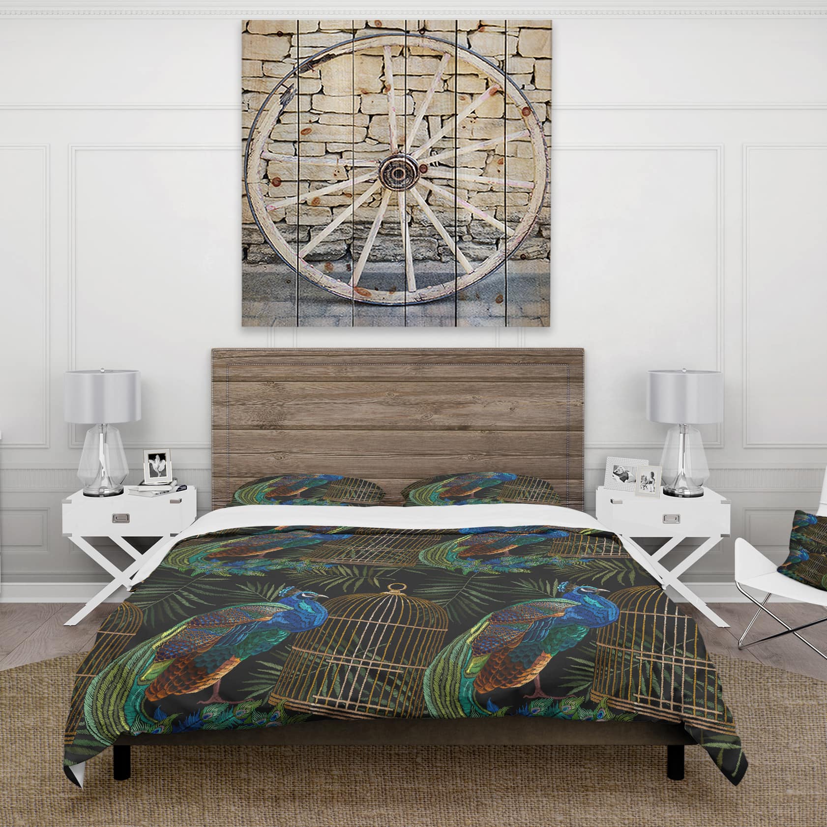 Designart &#x27;Tails of Peacocks and Birds Cage&#x27; Farmhouse Bedding Set - Duvet Cover &#x26; Shams