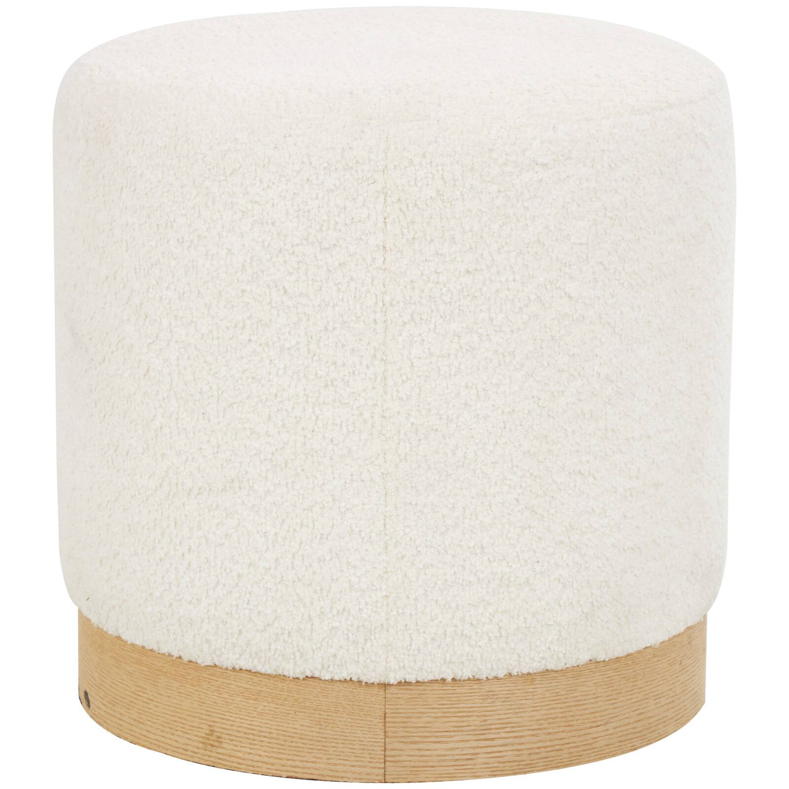 16" White Geometric Boucle Stool with Brown Wooden Base