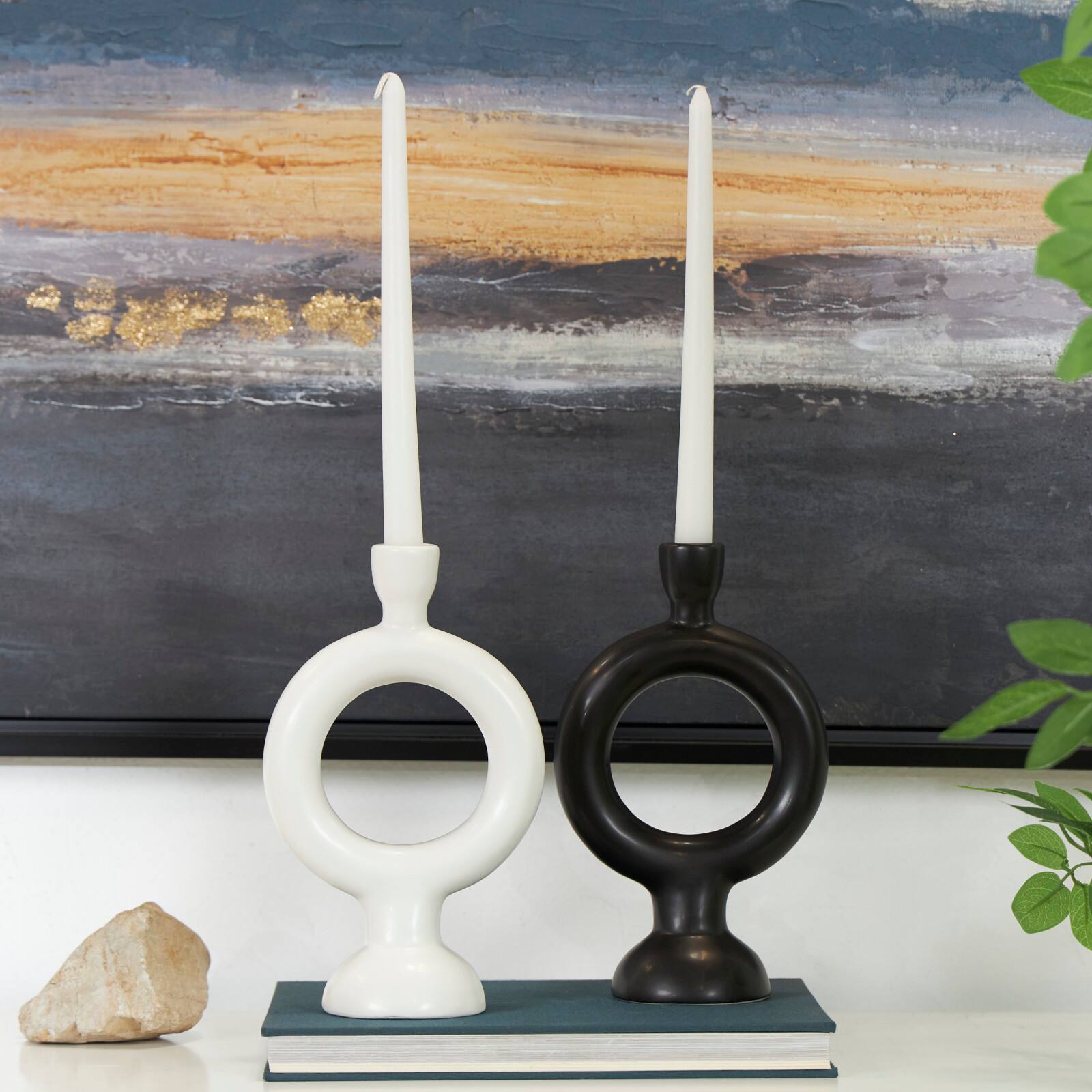 CosmoLiving by Cosmopolitan 9" Black & White Ceramic Geometric Ring Taper Candle Holder Set