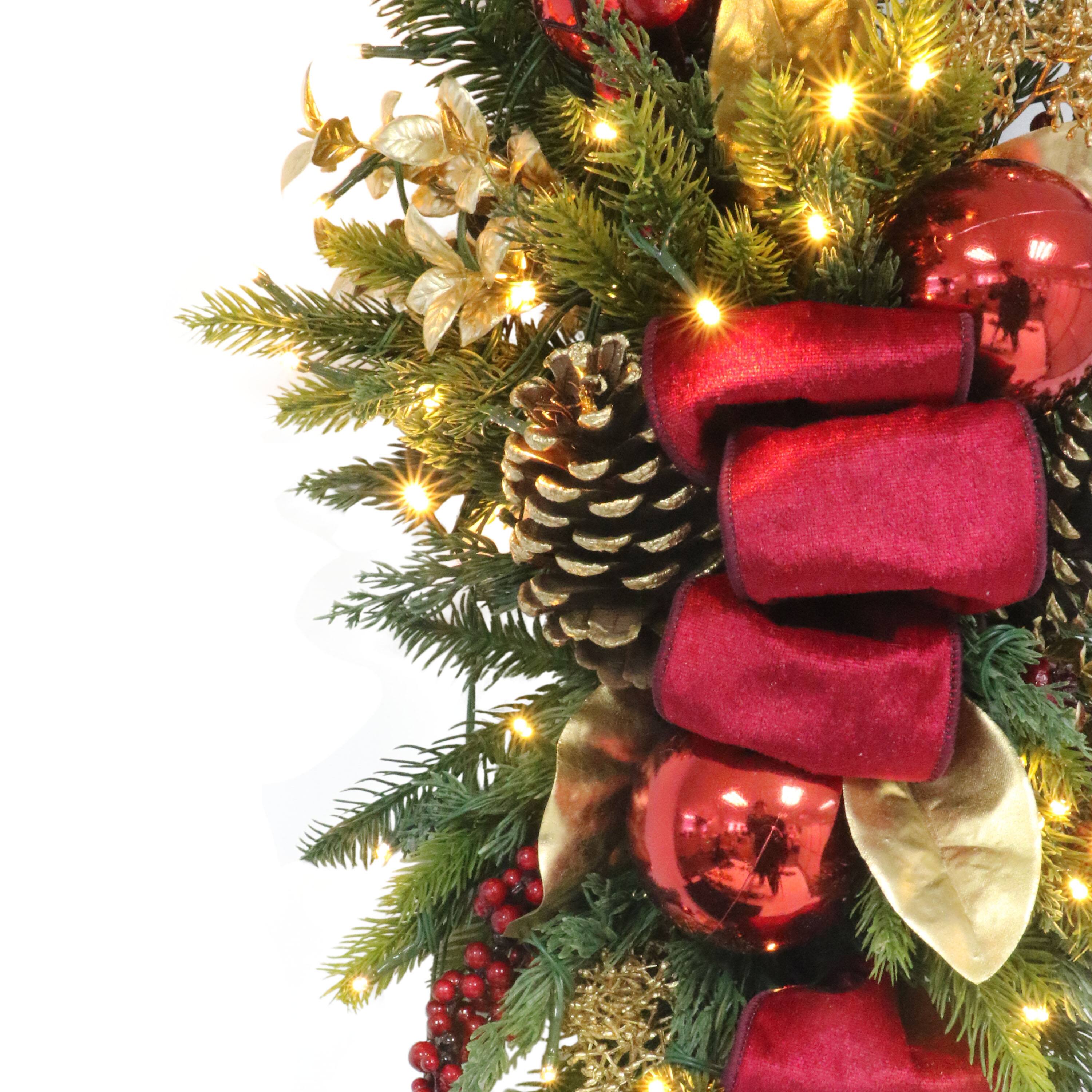 28" Pre-Lit Red & Gold Adorned Artificial Banister Swag with Pinecones & Berries