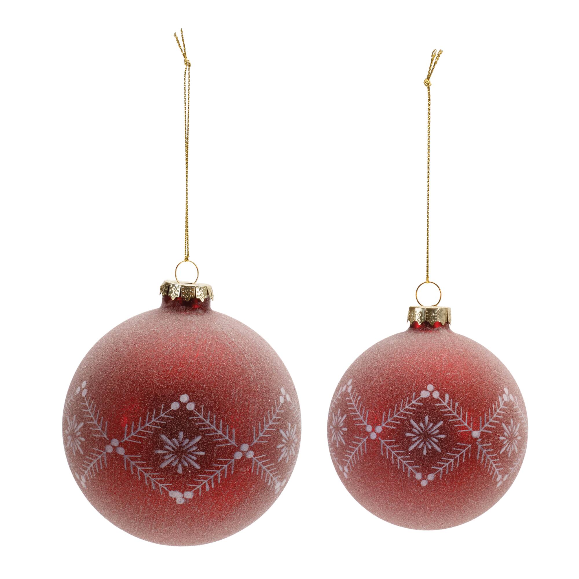 6 Pack Red Etched Frosted Glass Ball Ornaments