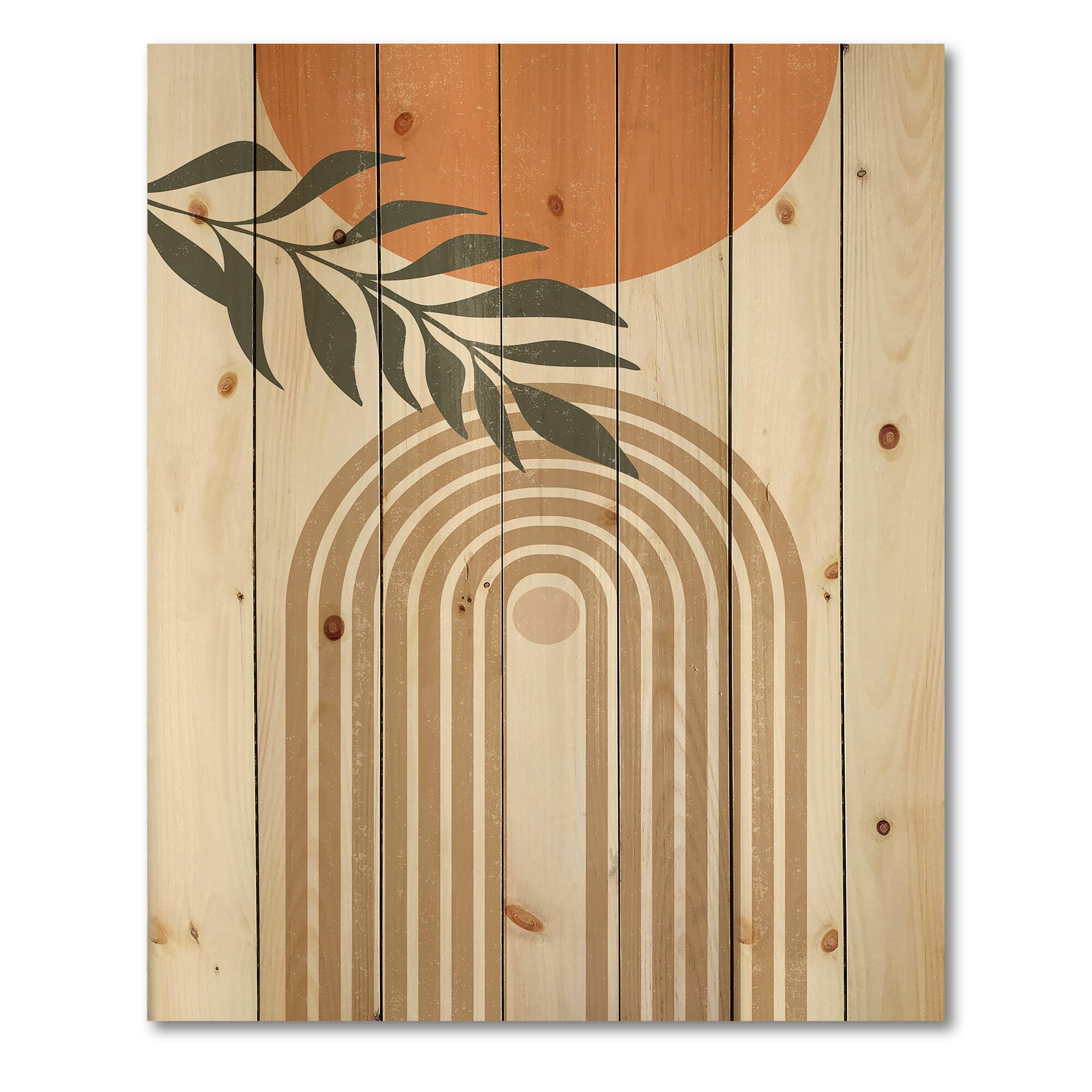 Designart - Abstract Sun Moon Leaves I - Modern Print on Natural Pine Wood