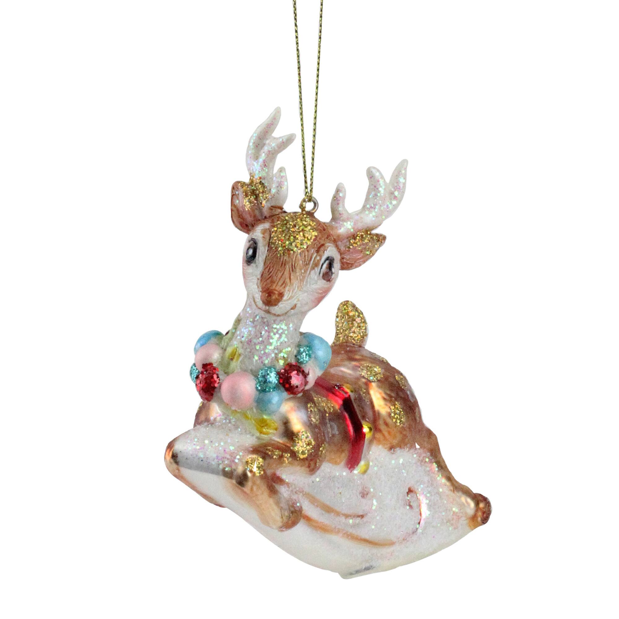 5.25&#x22; White &#x26; Red Glittered Reindeer Glass Christmas Ornament