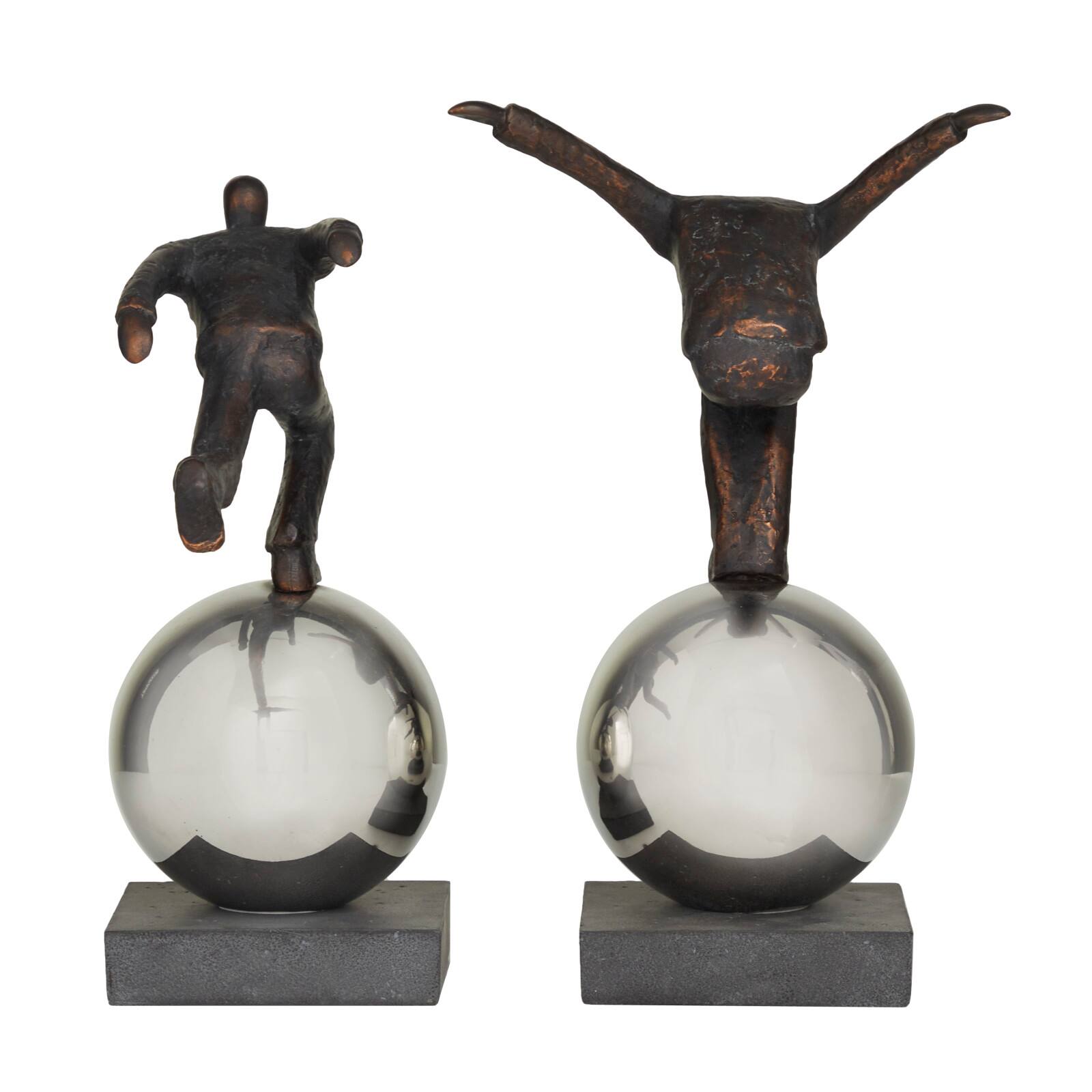 Bronze People Sculpture with Silver Ball Stand Set