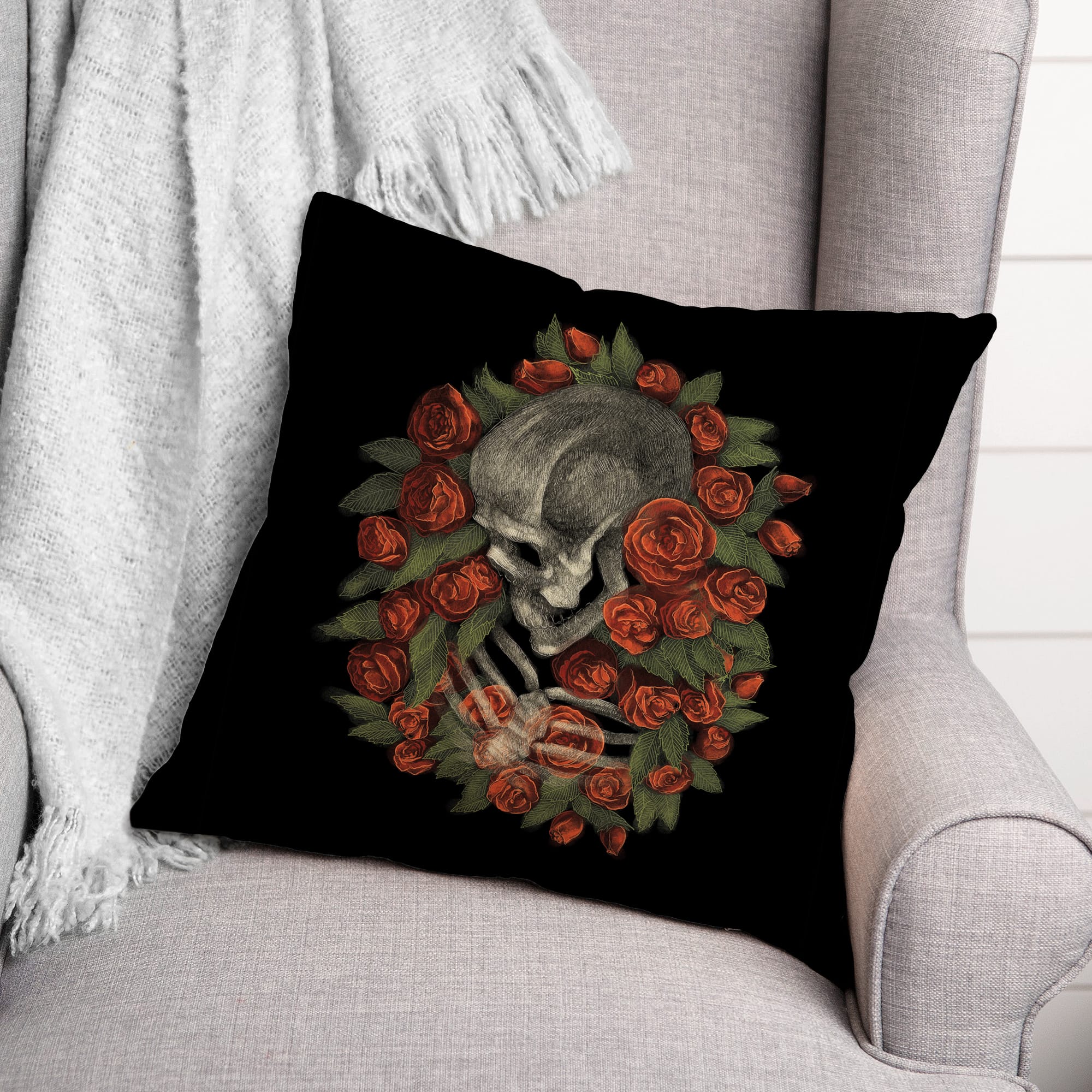 Skeleton Rose Wrap Throw Pillow