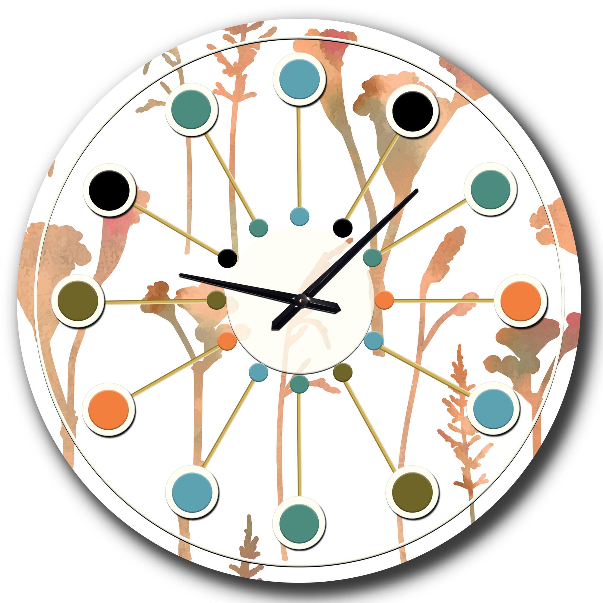 Designart &#x27;Retro Handdrawn Flowers I Mid-Century Modern Wall Clock