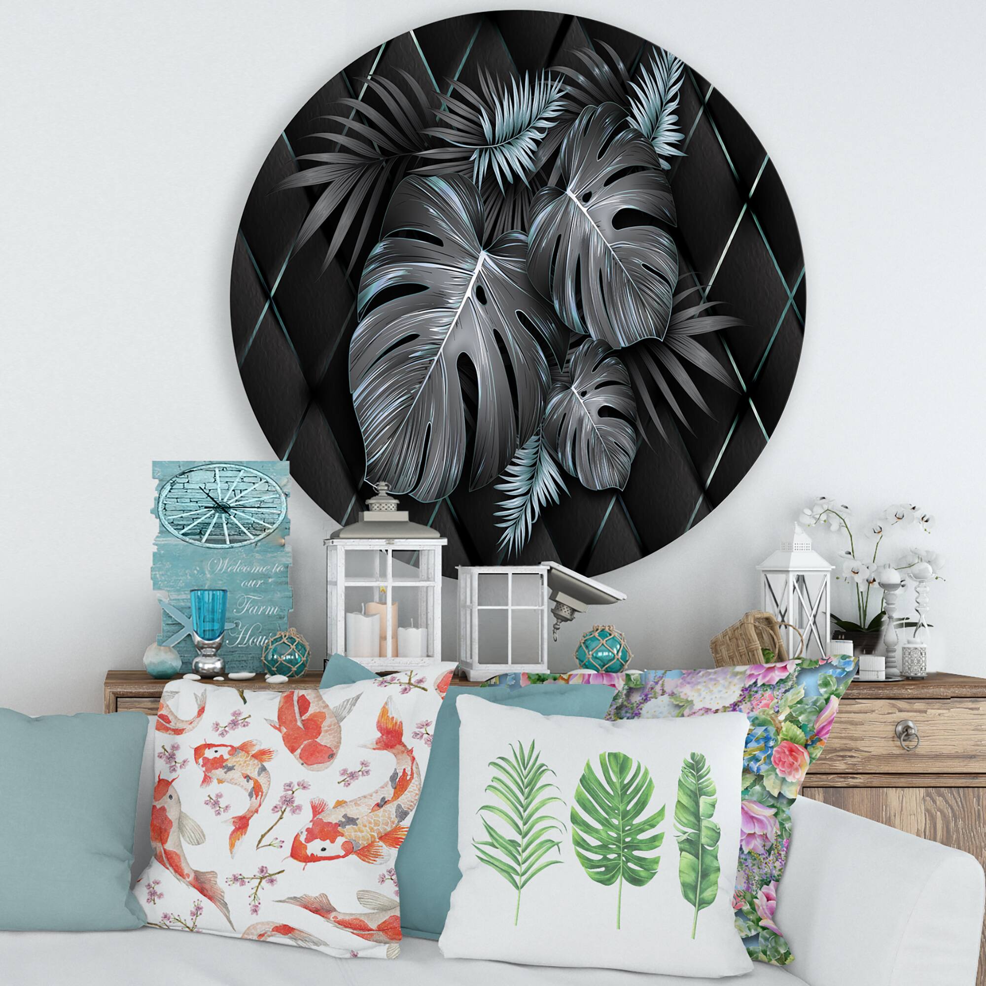 Designart - Black and Gold Tropical Leaves I - Modern Metal Circle Wall Art