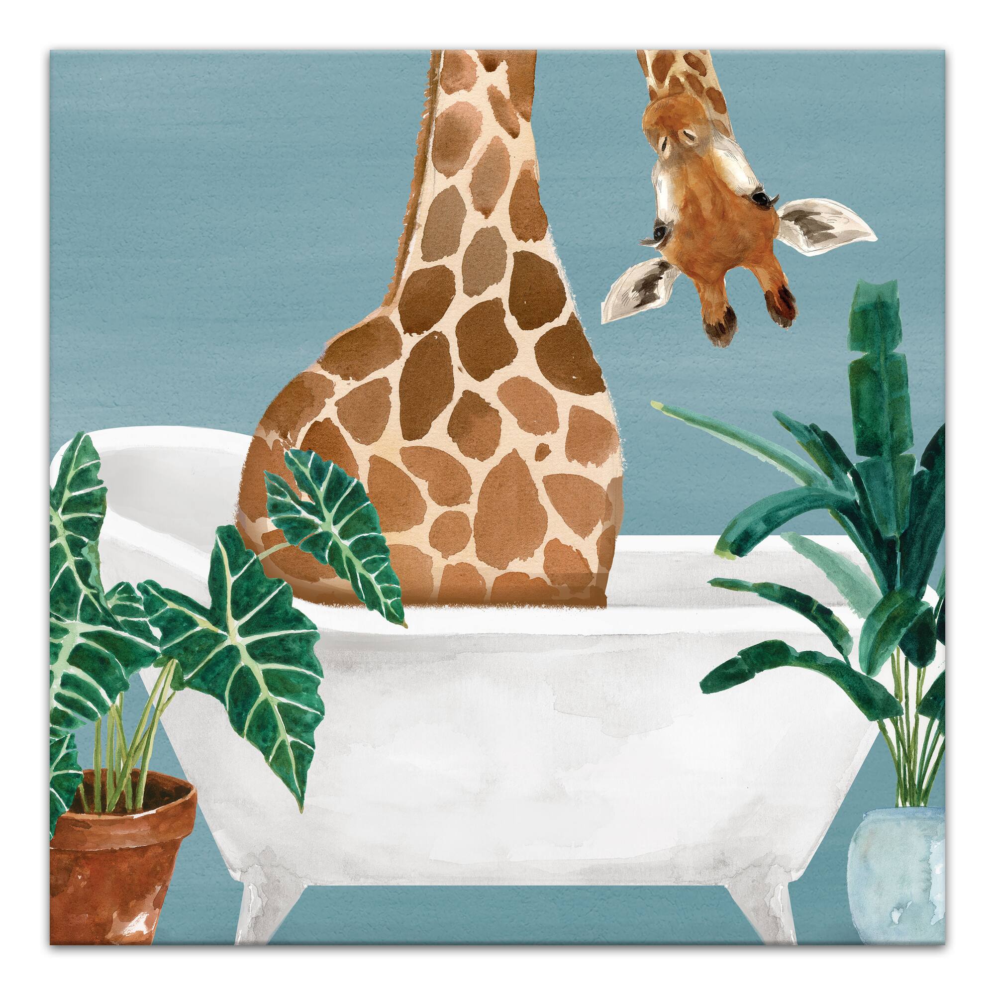 Giraffe In The Tub 20" x 20" Canvas Wall Art