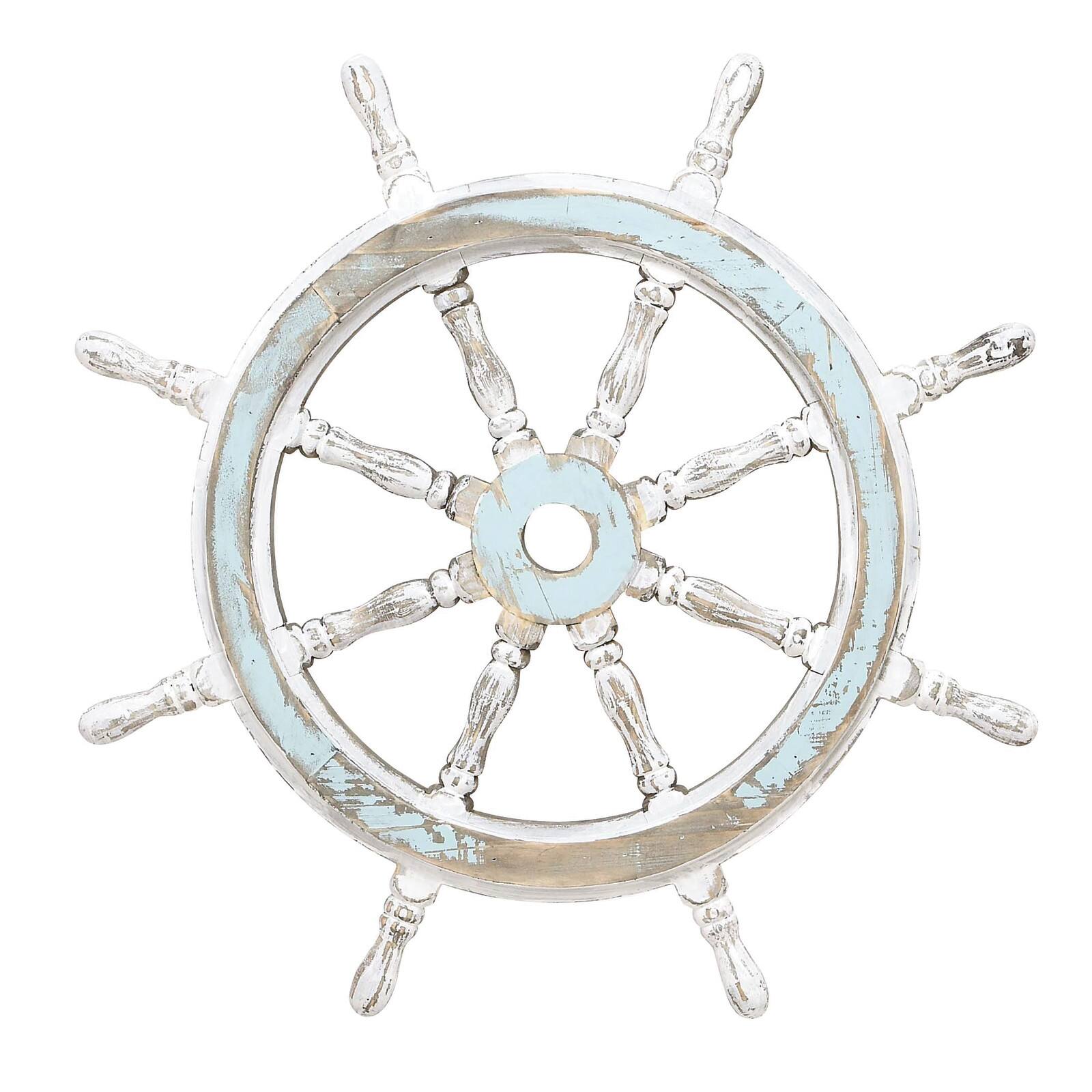 Ships Wheel Wooden Mirror in Blue and White Seaside Beach Decor Nautical Boat 