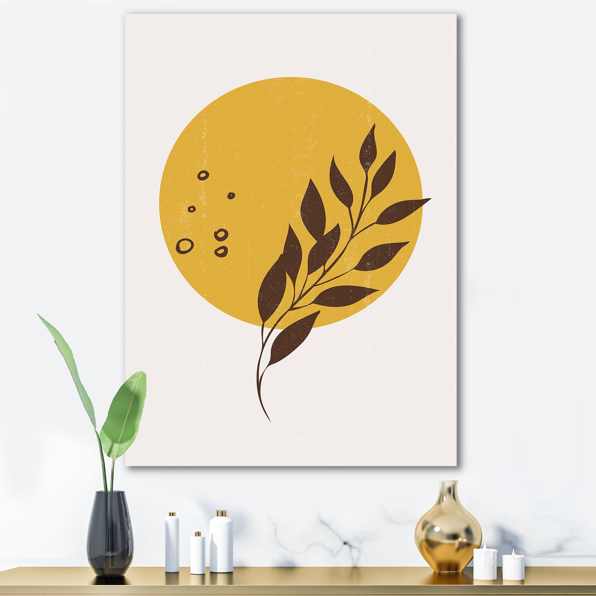 Designart - Abstract Yellow Sun and Moon With Tropical Leaf II - Modern Canvas Wall Art Print
