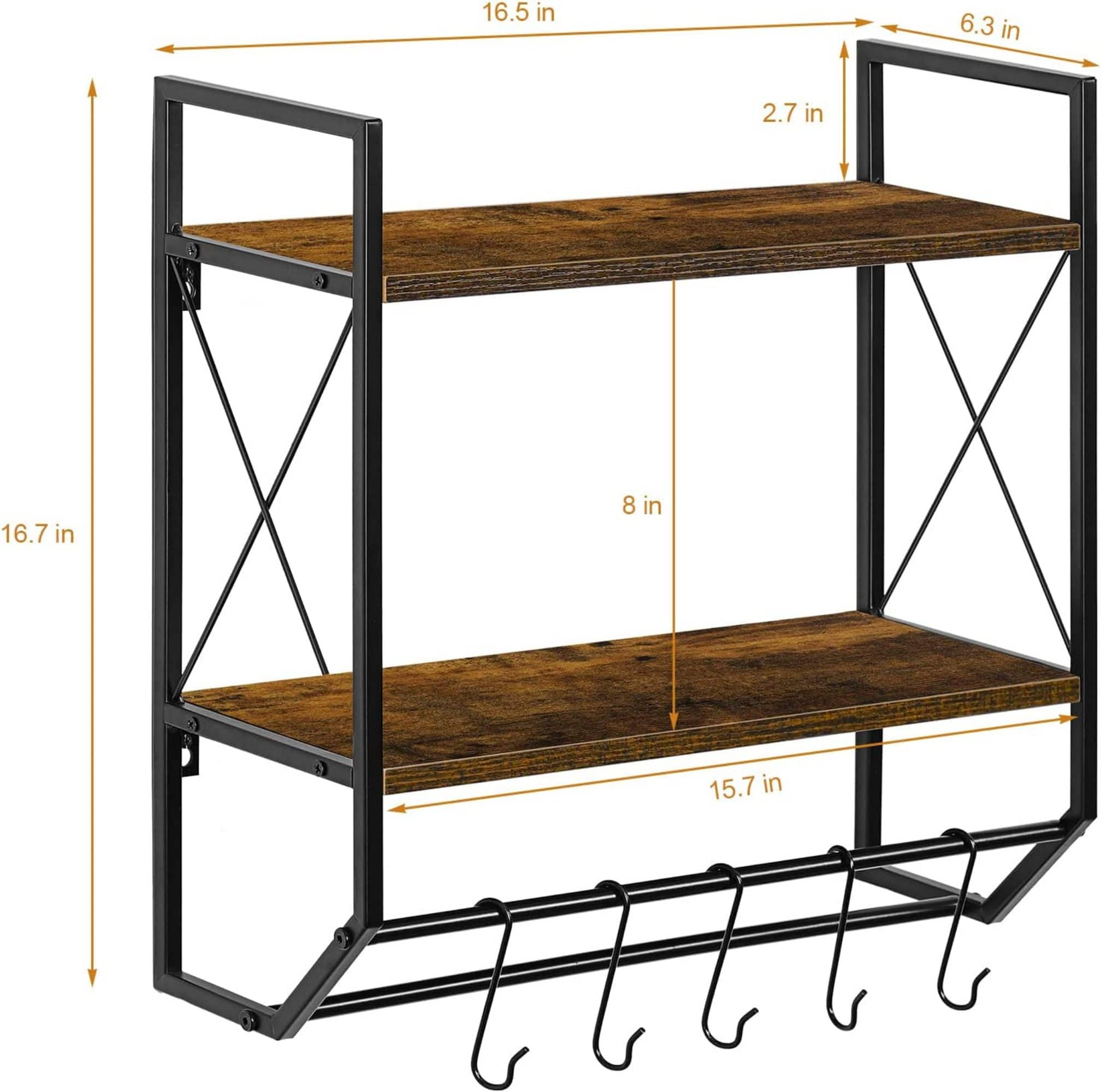 2-Layer Wall Mounted Rustic Shelves with Iron Towel Bar