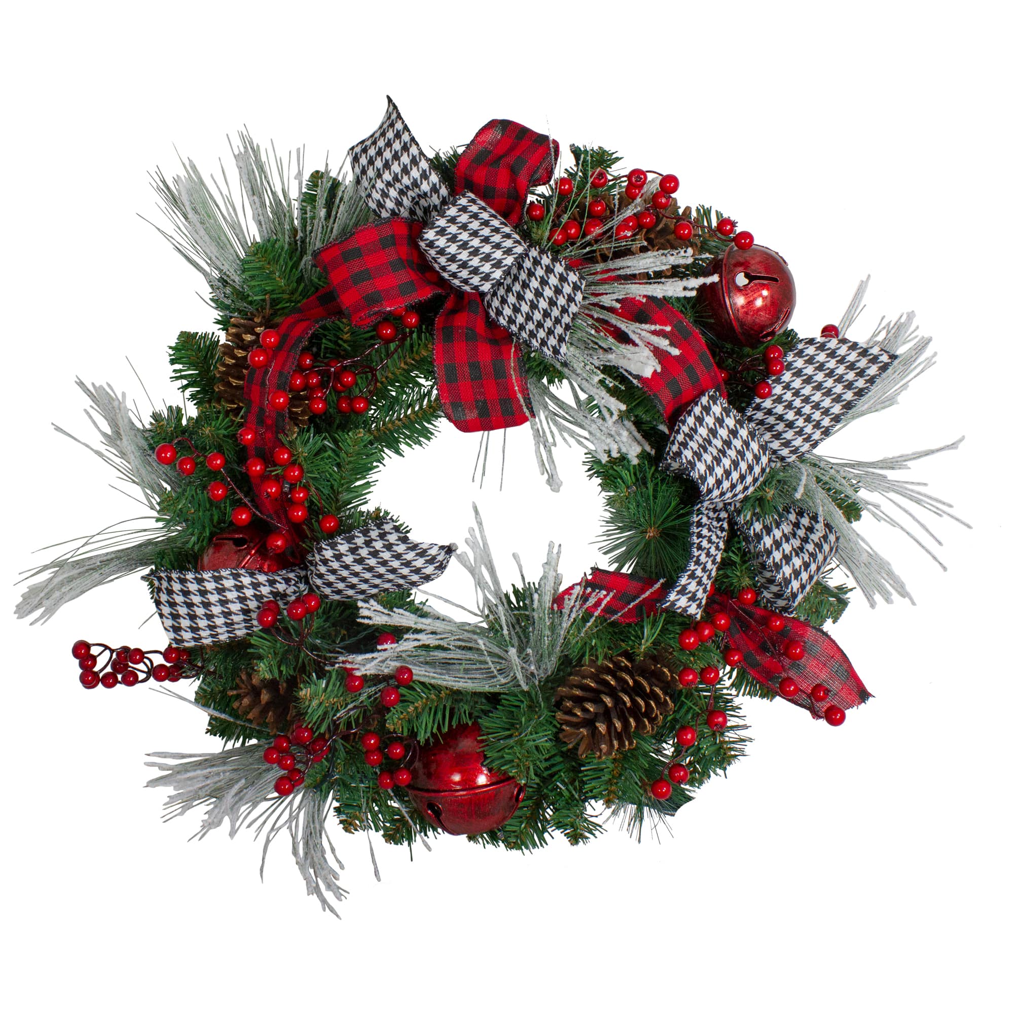 24&#x22; Plaid, Houndstooth &#x26; Red Berries Artificial Christmas Wreath