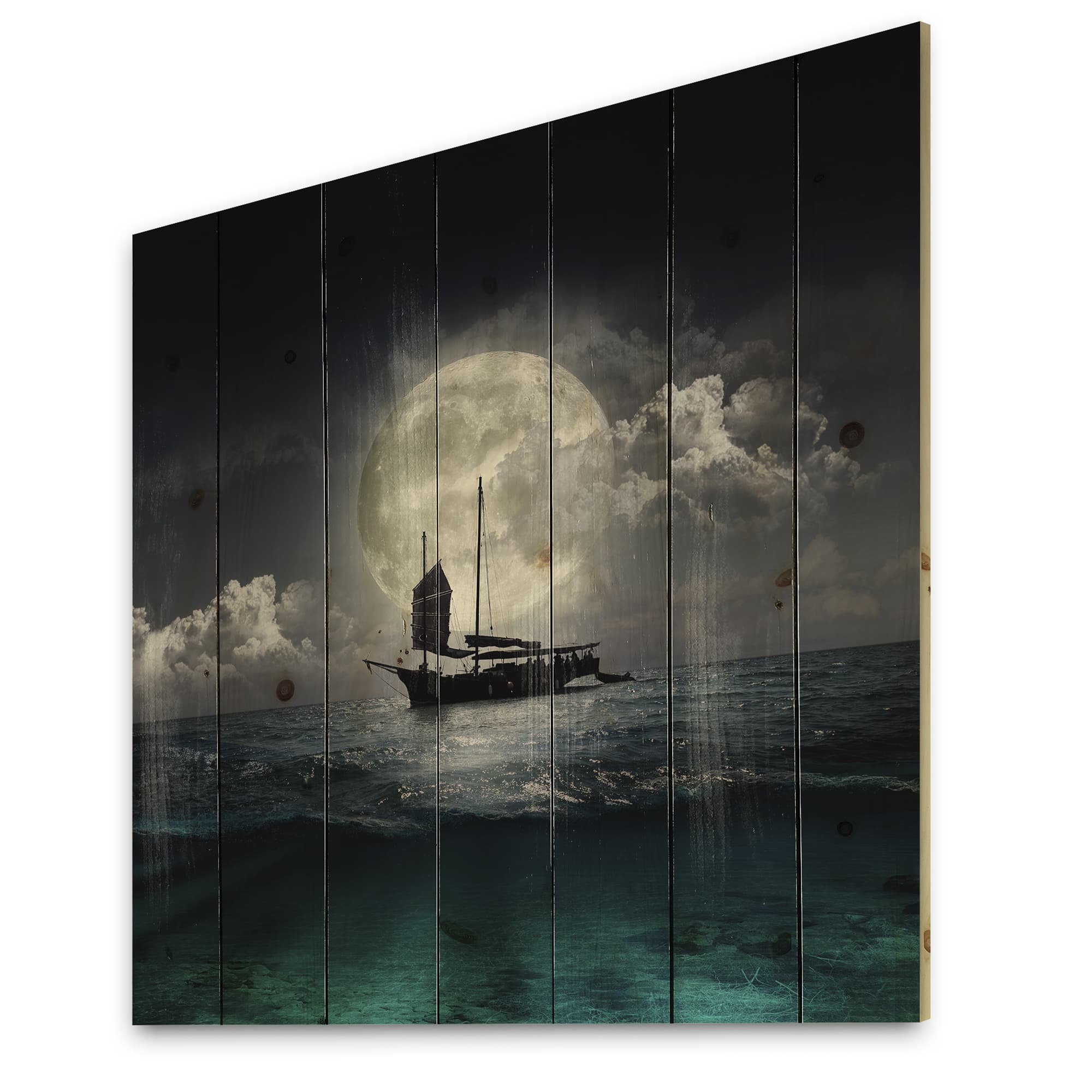 Designart - Fisher Boat On The Lake During Full Moon - Nautical &#x26; Coastal Print on Natural Pine Wood