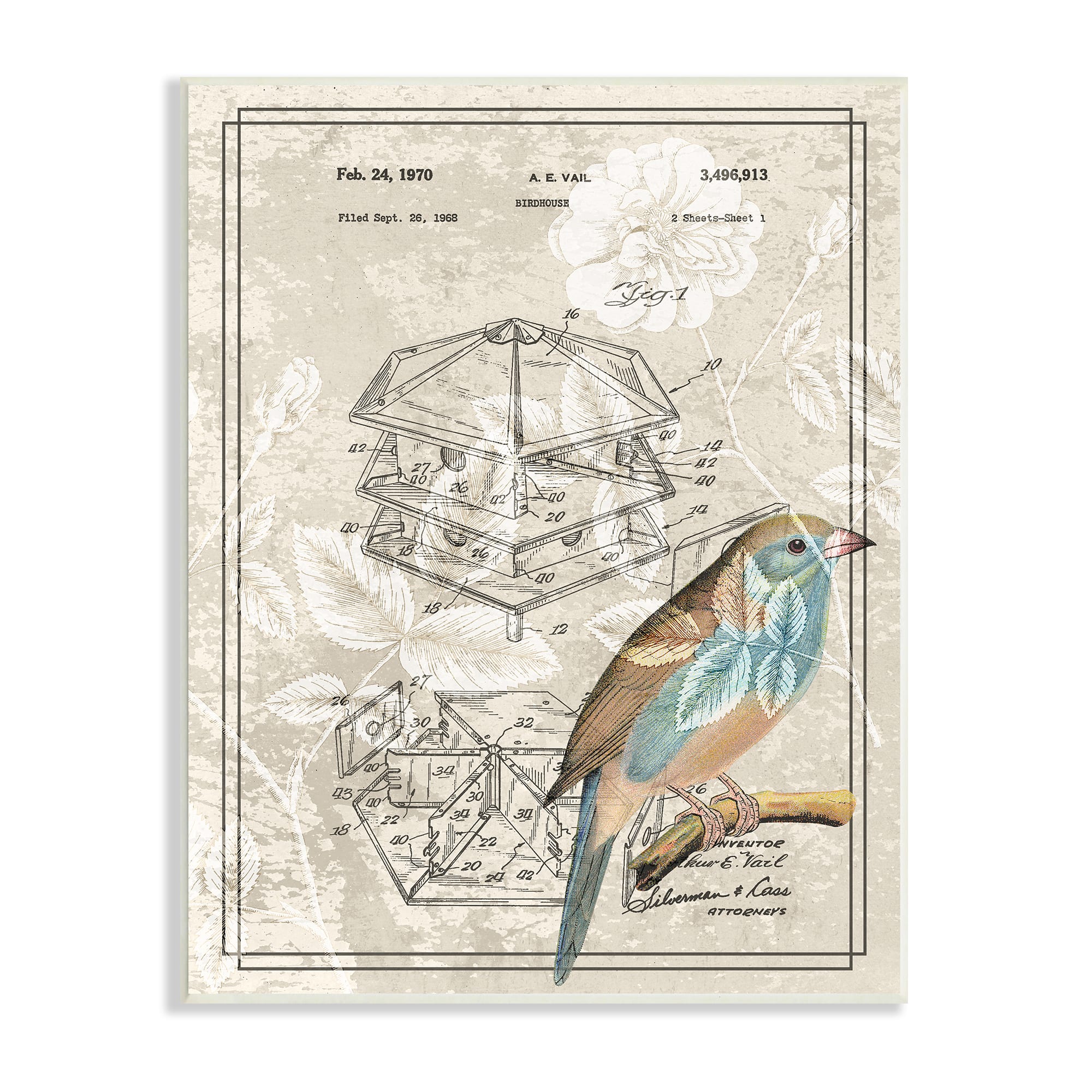 Stupell Industries Vintage Bird House Patent Design Figure Eastern Bluebird Wall Plaque