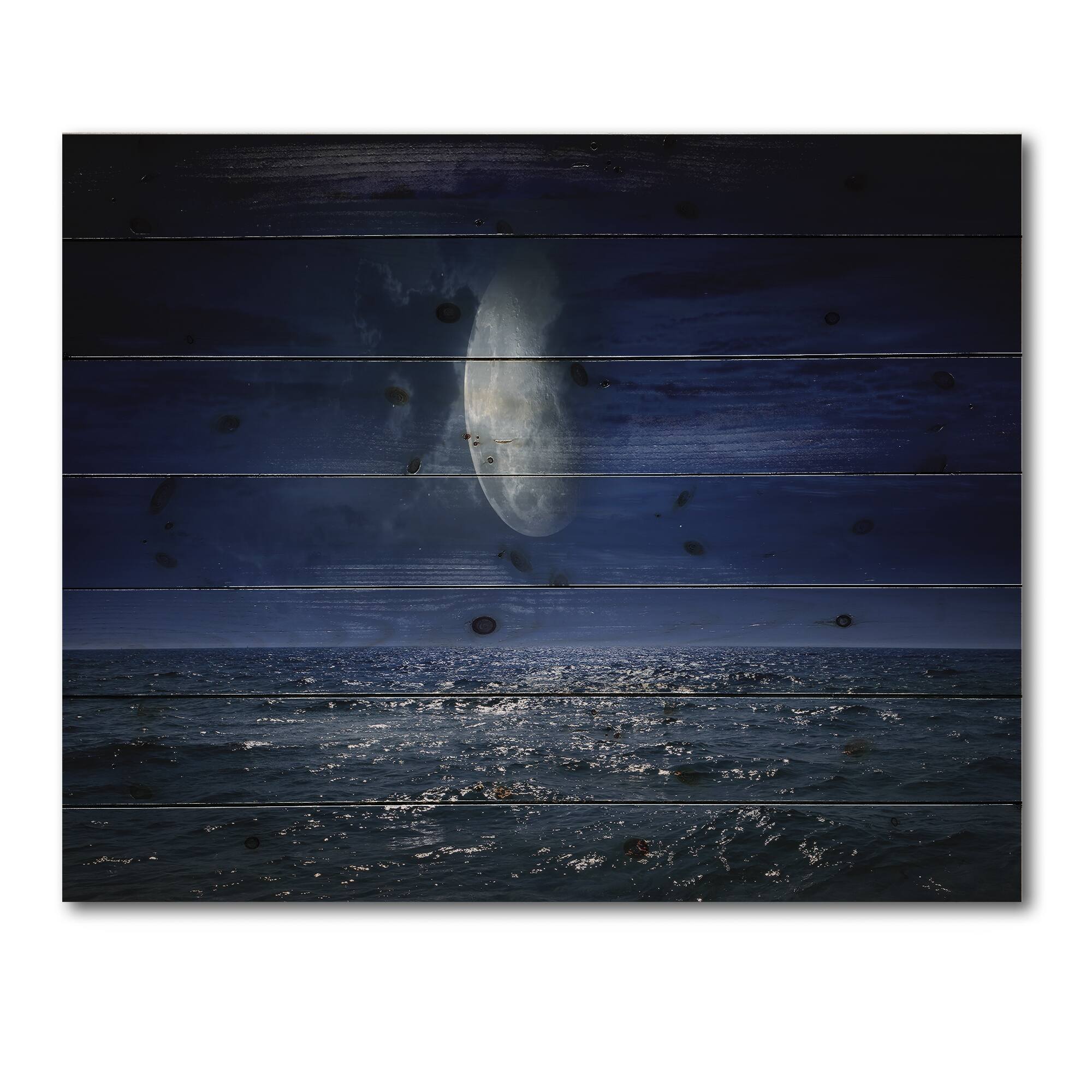 Designart - Full Moon Over Dark Ocean At Night - Nautical & Coastal Print on Natural Pine Wood