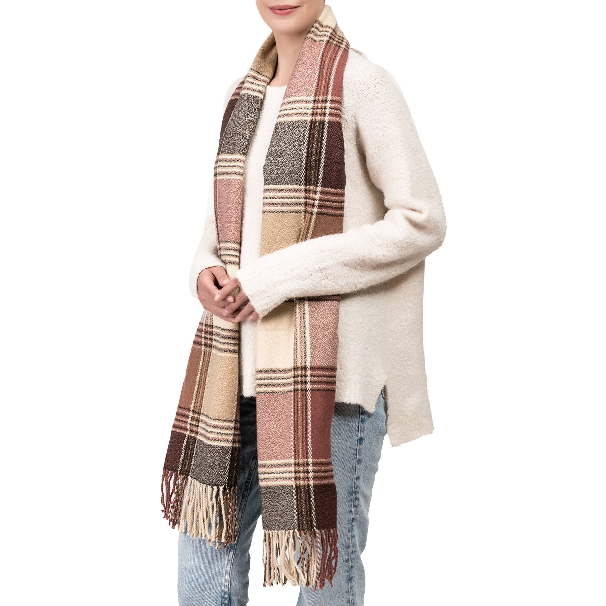 Glitzhome&#xAE; 77&#x22; Pink, Cream &#x26; Gray Plaid Scarf with Tassels