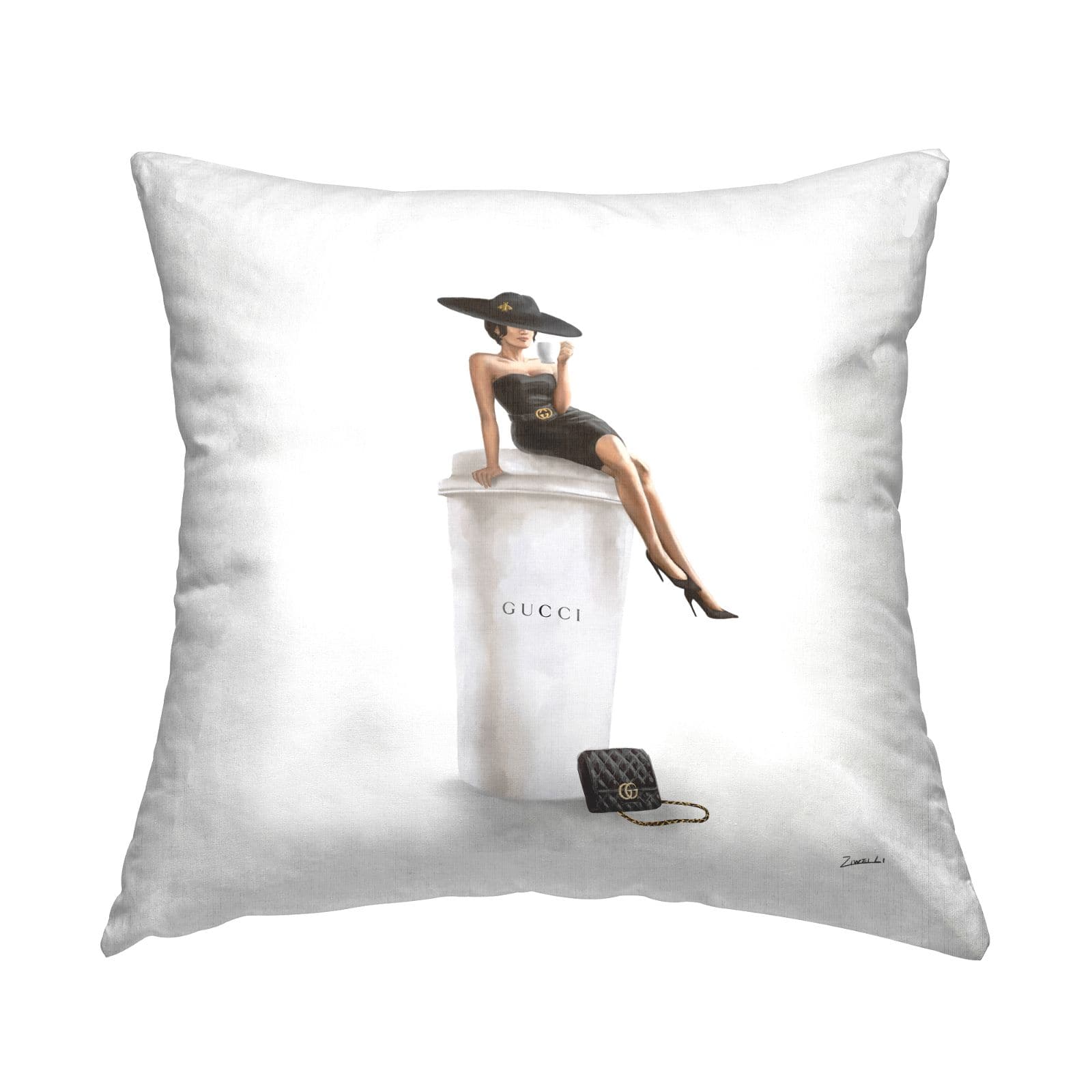 Stupell Industries Stylish Fashion Woman Pose Glam Coffee Cup Throw Pillow, 18" x 18"