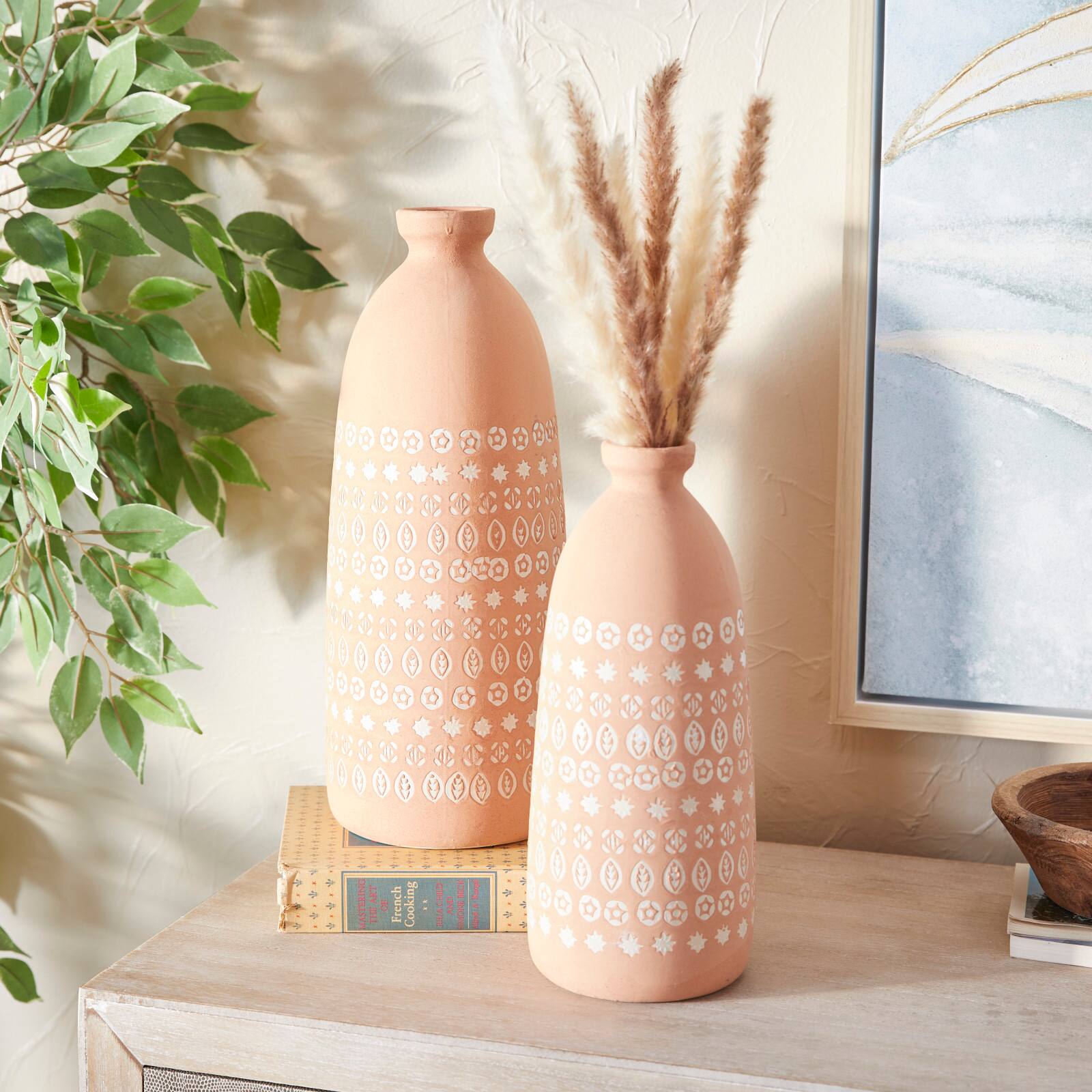 Set of 2 Pink Stoneware Rustic Vases, 15" x 5" x 5"