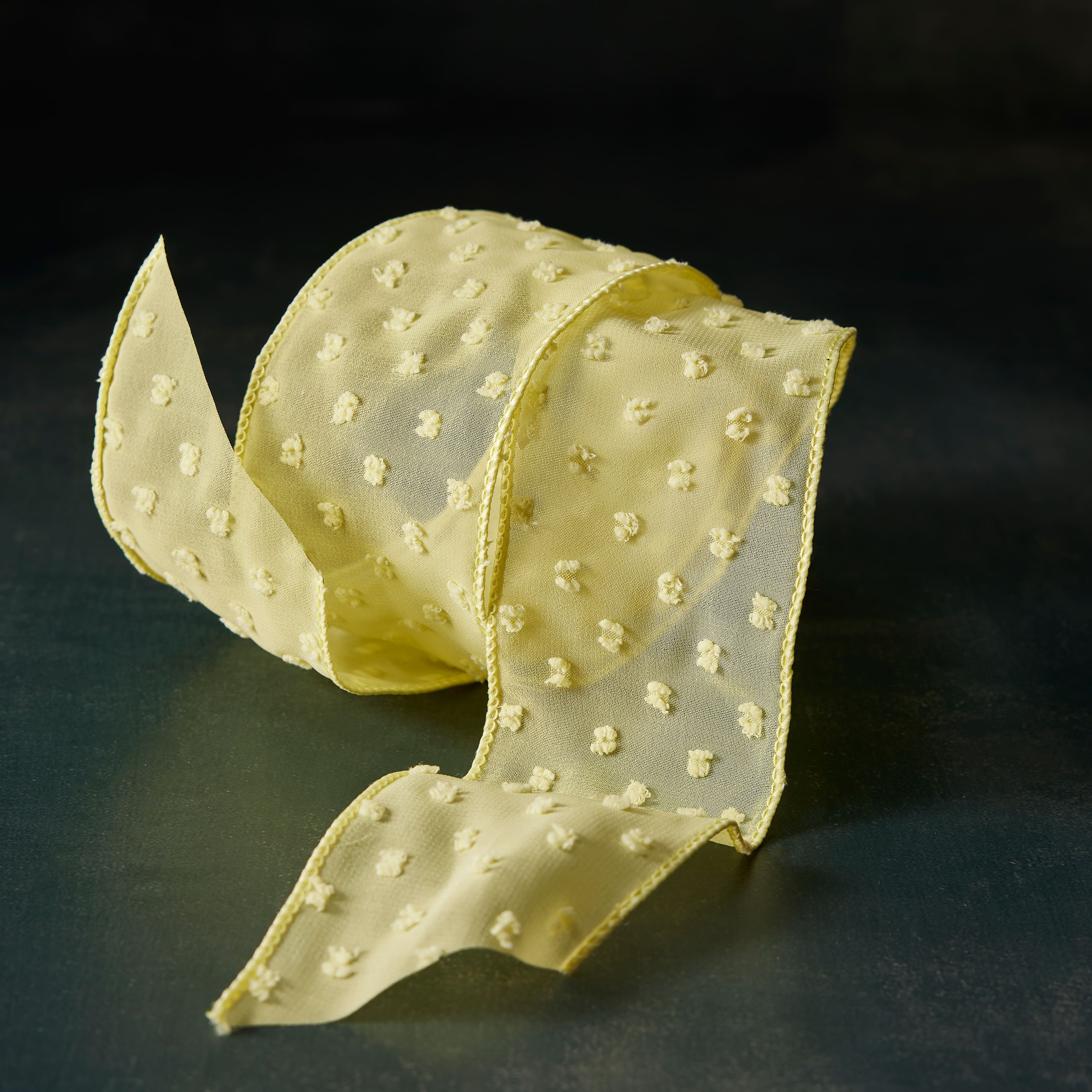2.5&#x22; x 3yd. Wired Yellow Pom Pom Dotted Crinkle Chiffon Ribbon by Celebrate It&#xAE;