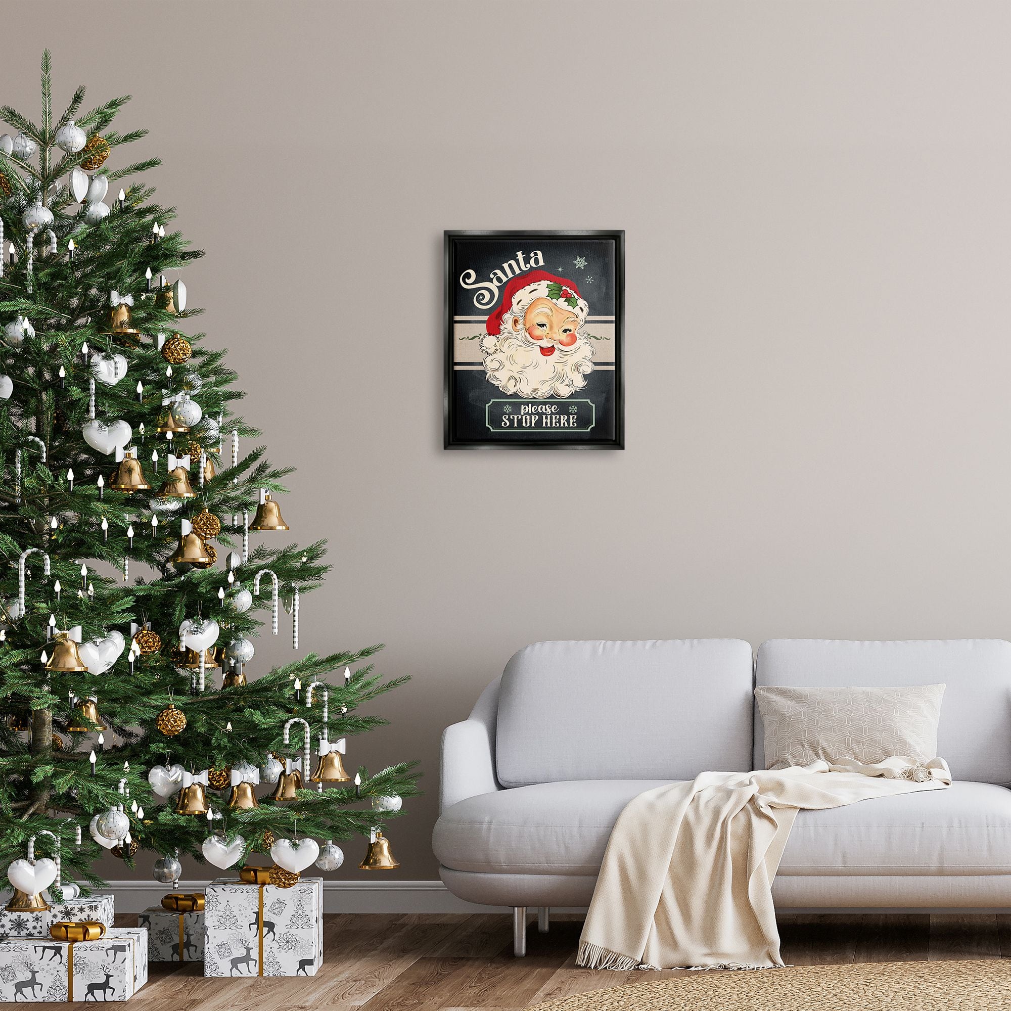 Stupell Industries Santa Please Stop Here Vintage Smiling Framed Floater Canvas Wall Art