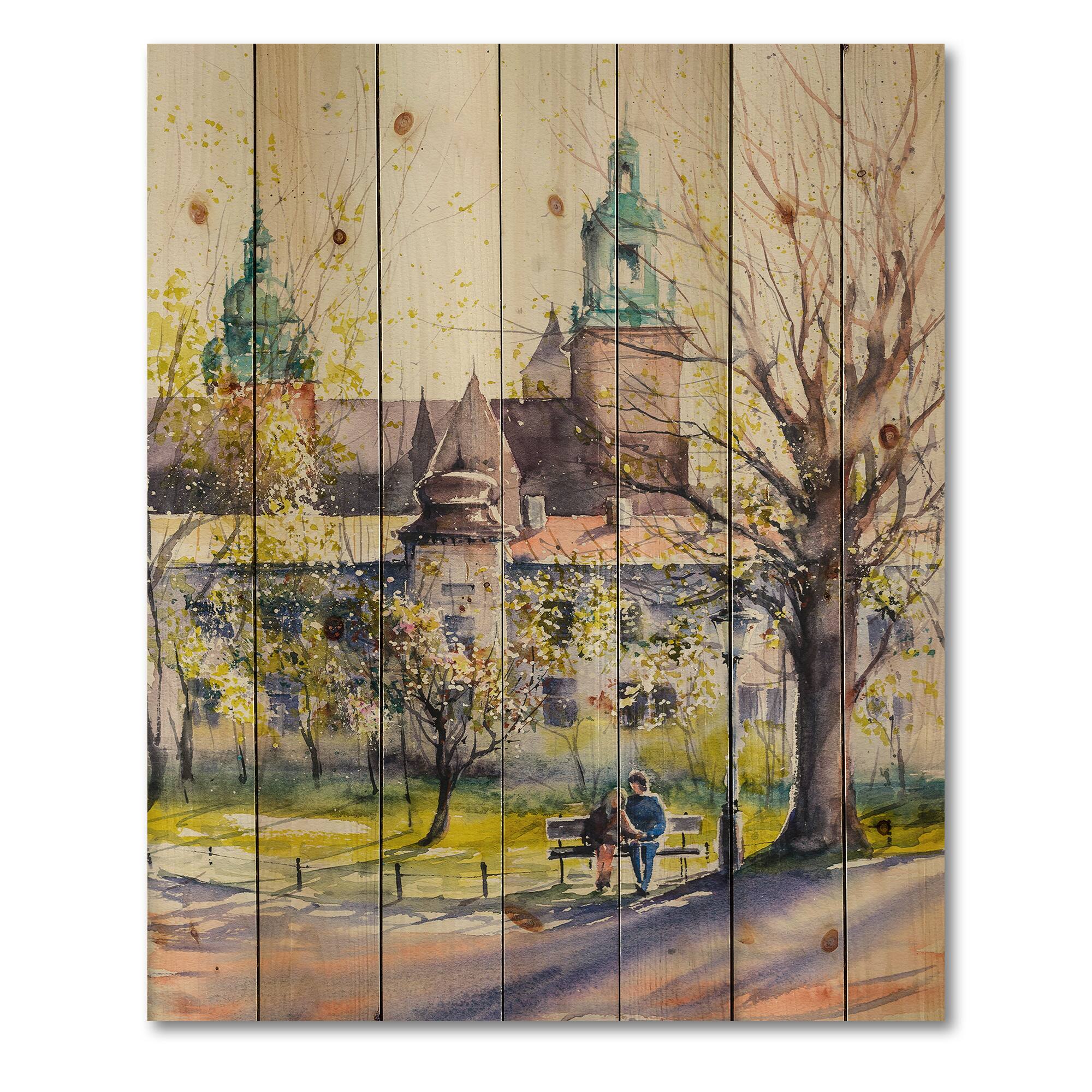 Designart - Castel Through The Trees of The Park - Country Print on Natural Pine Wood