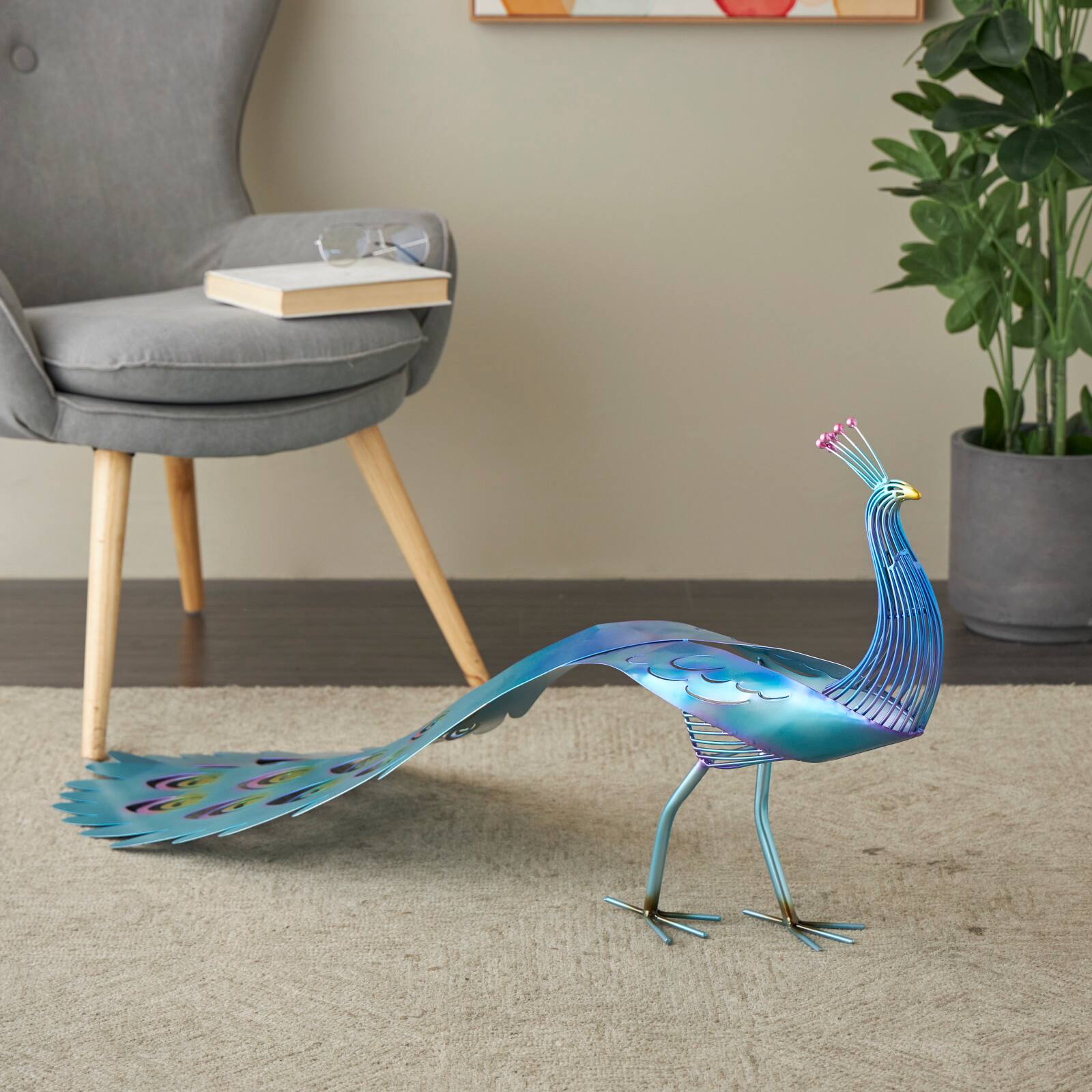 46" Blue Open Wire Frame Metal Peacock Garden Sculpture