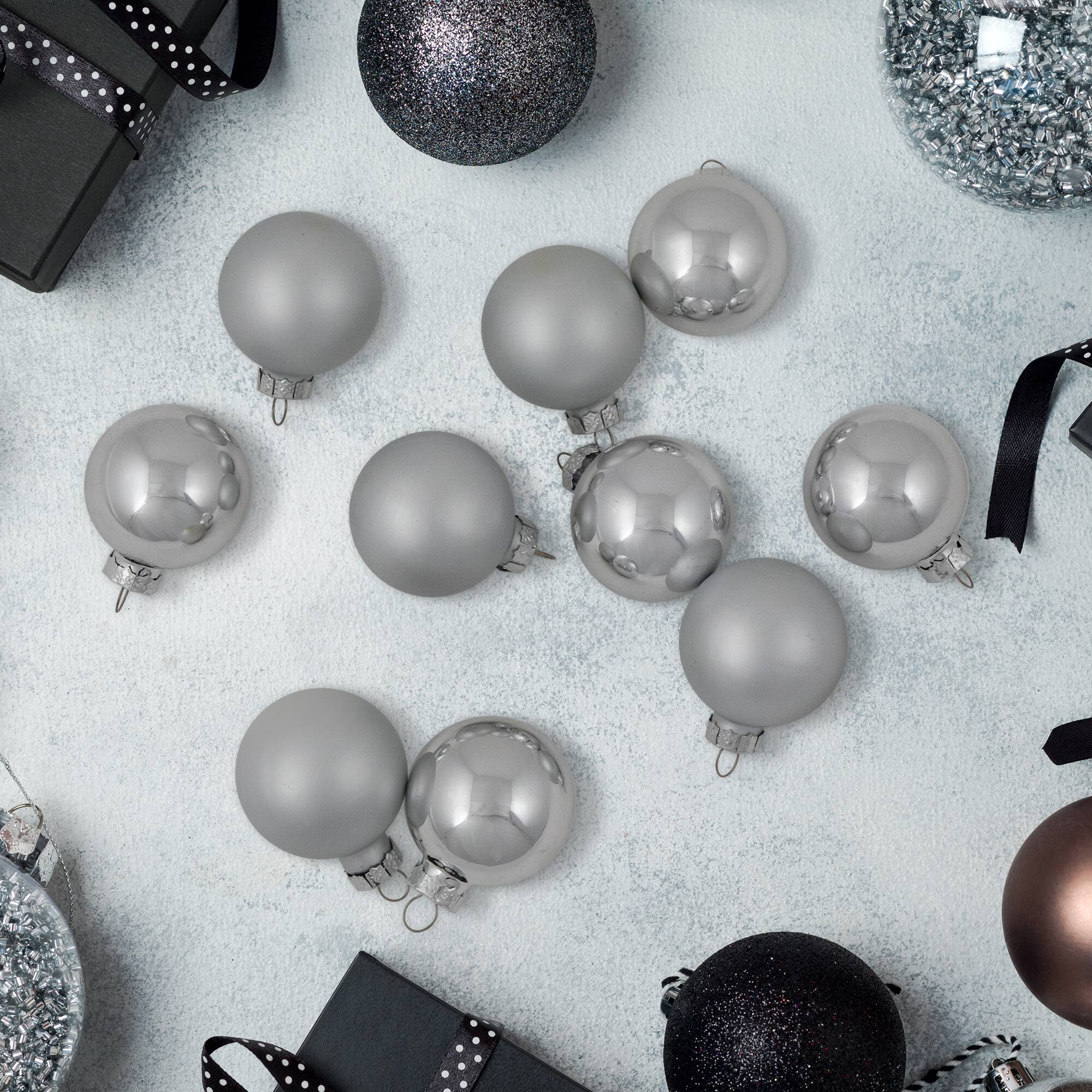10ct. 1.75" Silver Shiny and Matte Glass Ball Christmas Ornaments