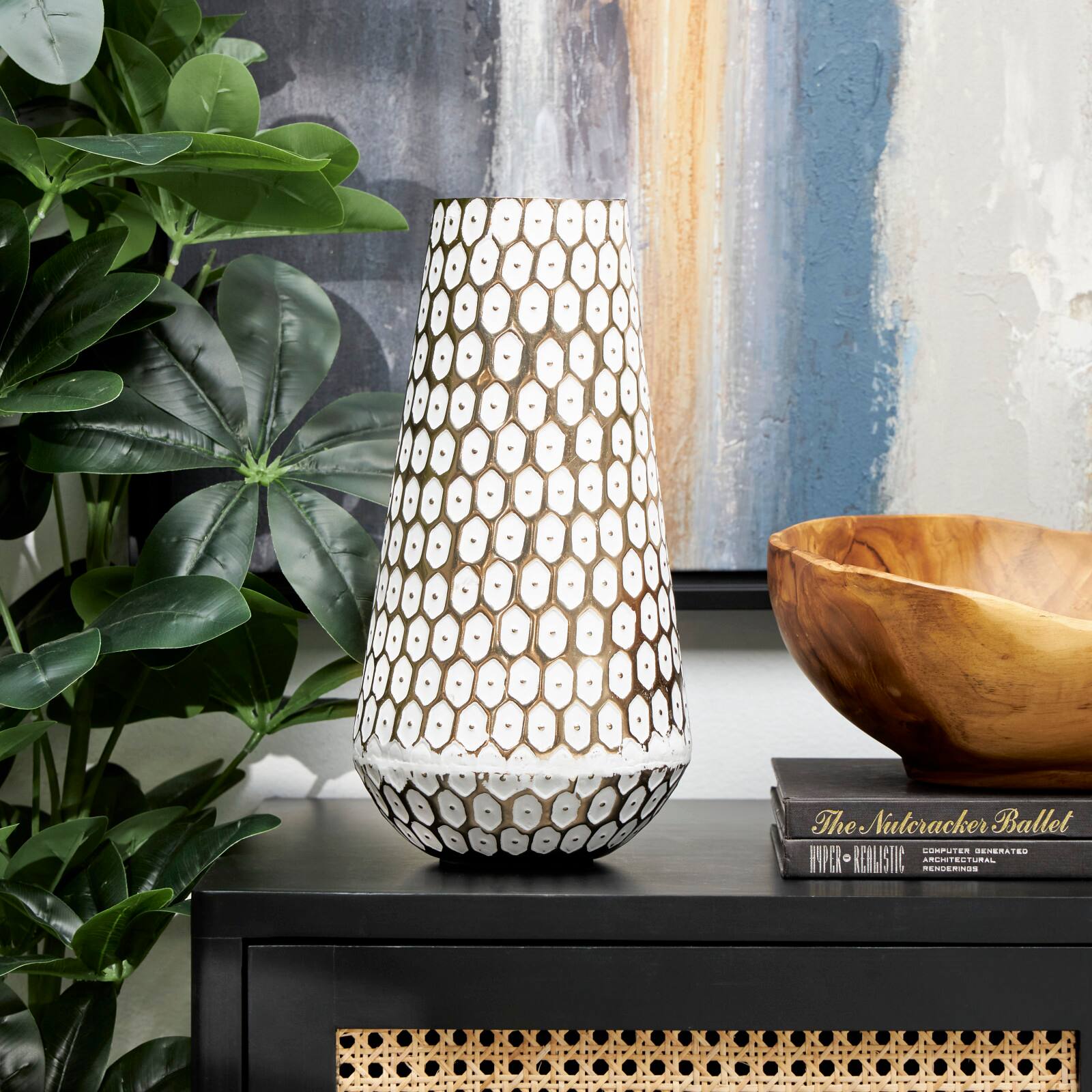 13" Gold & White Geometric Dot Metal Vase