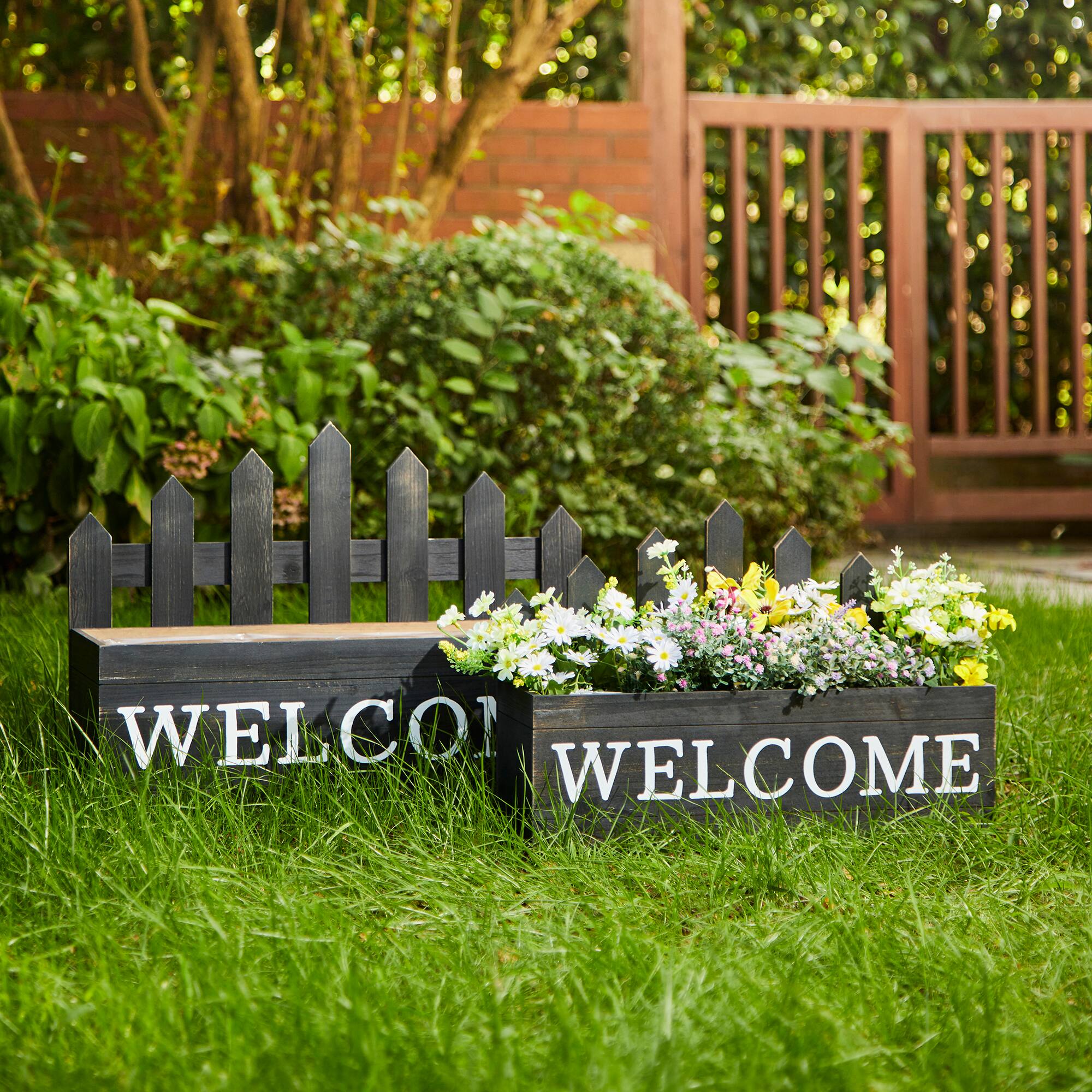 Glitzhome® Black Wood WELCOME Fence-Inspired Planter Stand Set