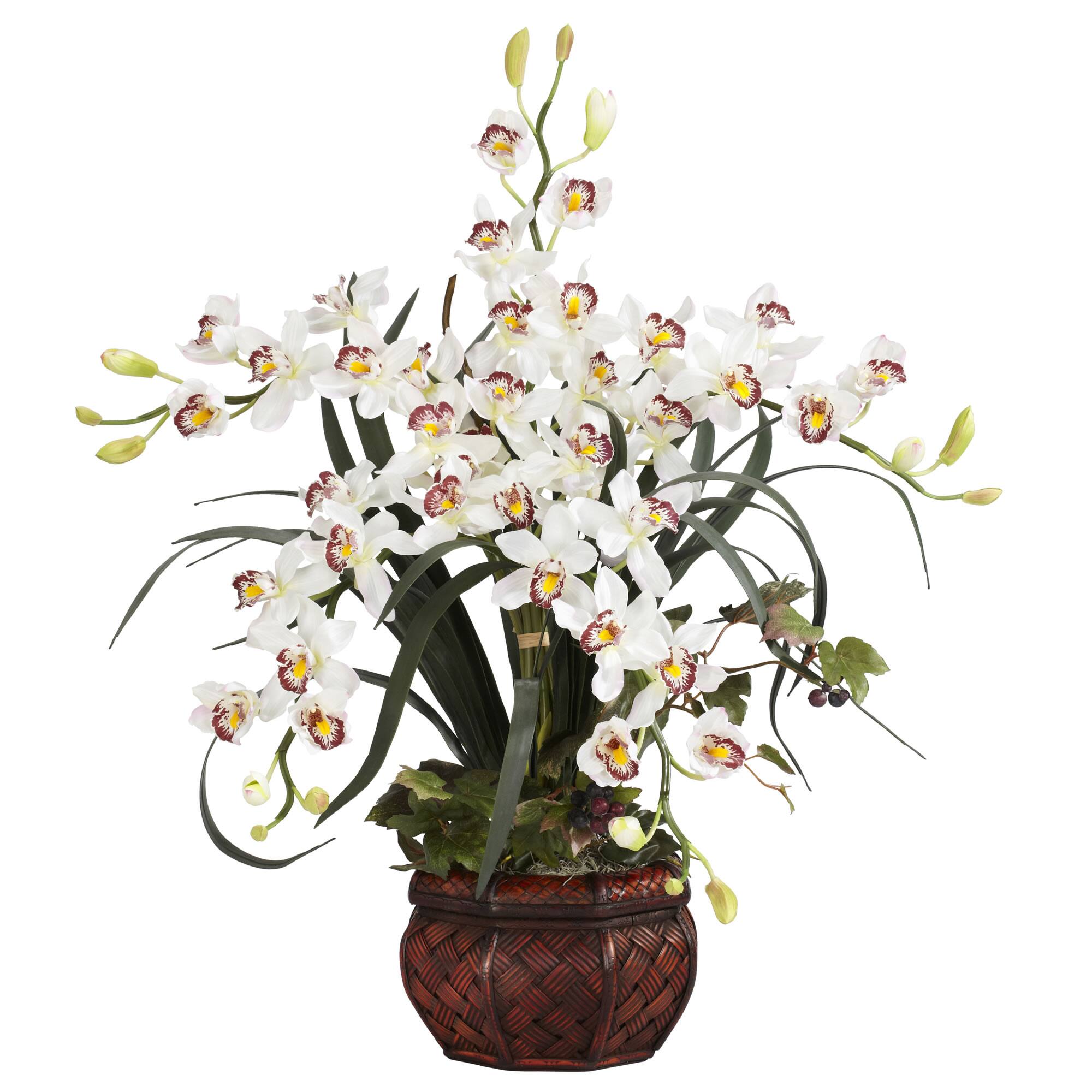 30" White Silk Cymbidium Arrangement with Decorative Vase