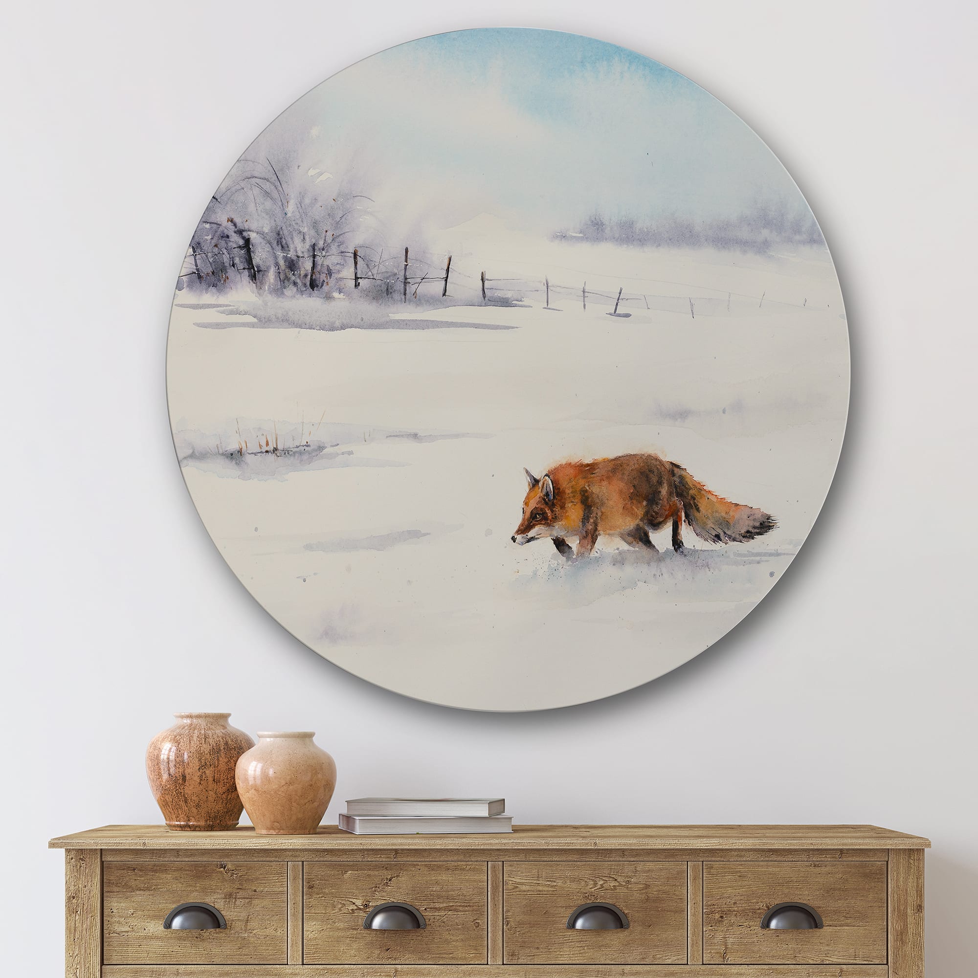 Designart - Red Fox Running In White Snow I - Farmhouse Metal Circle Wall Art