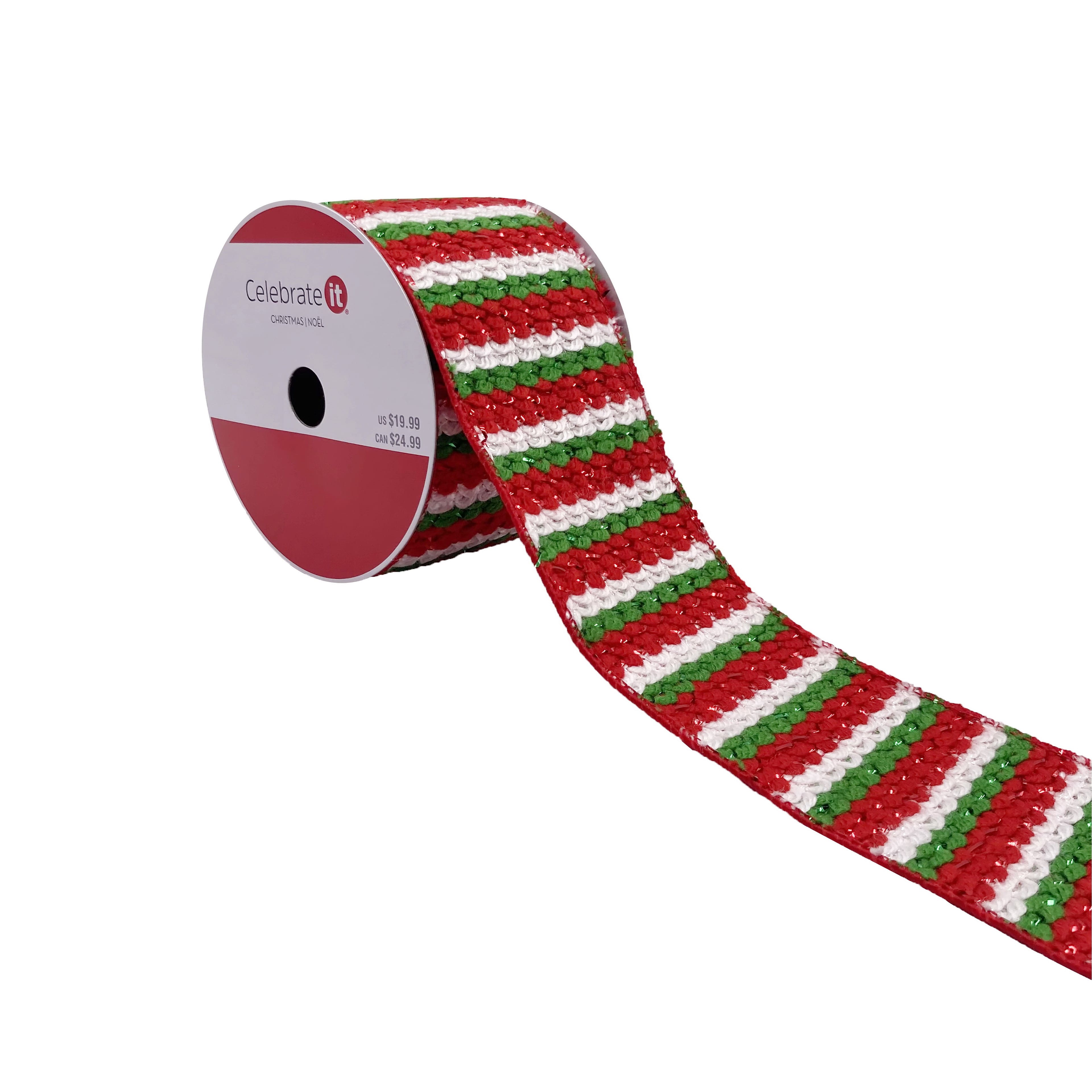 3.5&#x22; x 15ft. Red, White &#x26; Green Woven Wired Striped Ribbon by Celebrate It&#xAE; Christmas