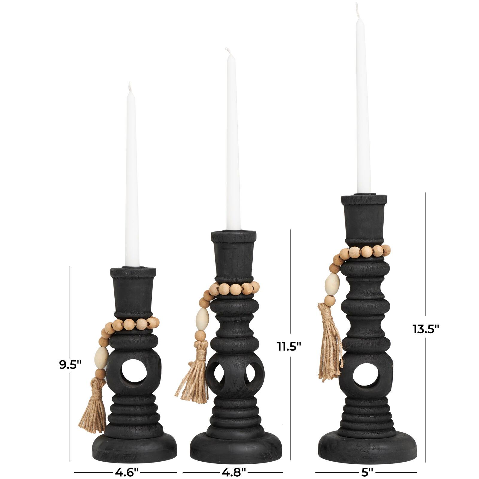 Black Wood Handmade Textured Matte Candle Holder with Beaded Garland Set