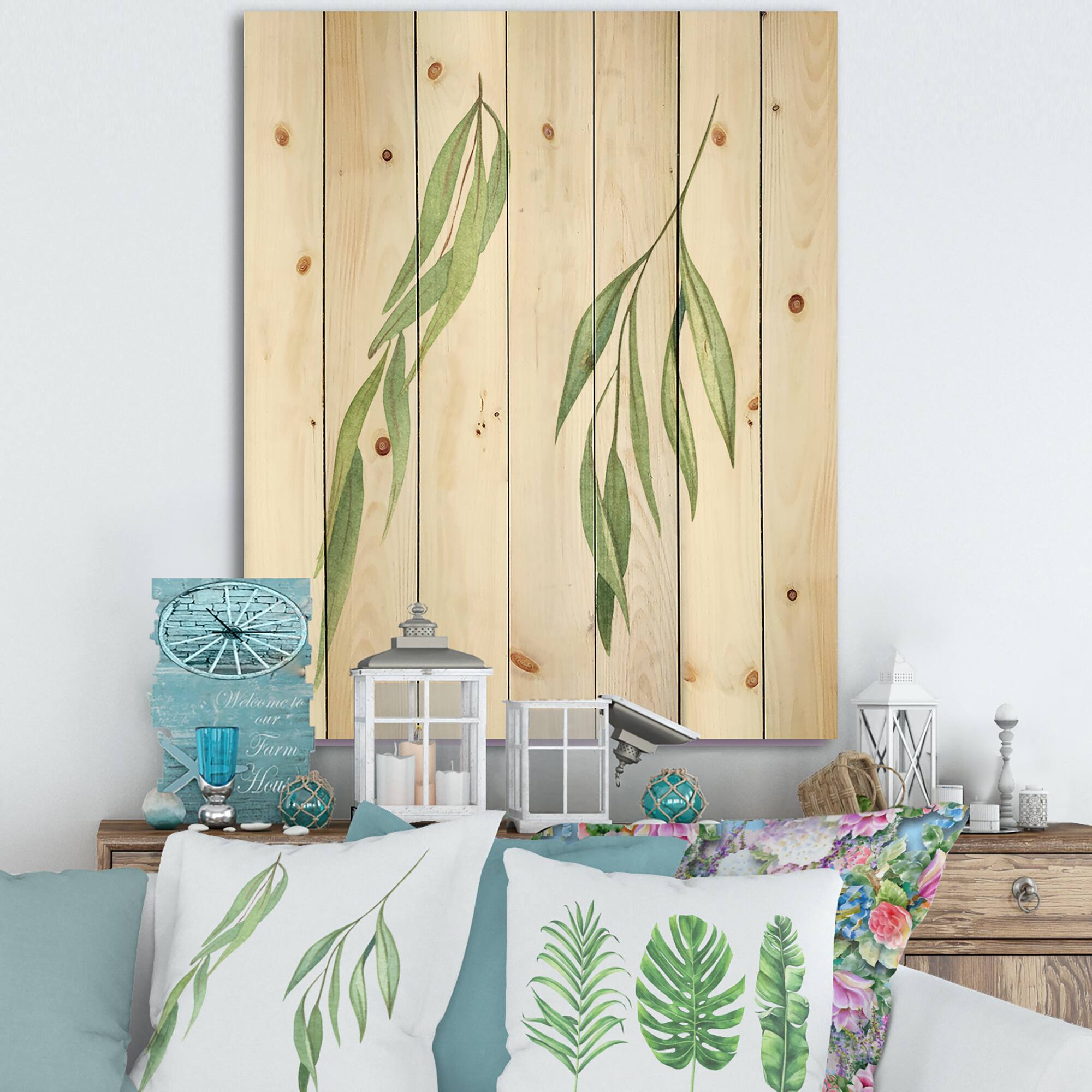 Designart - Two Willow Branches - Farmhouse Print on Natural Pine Wood