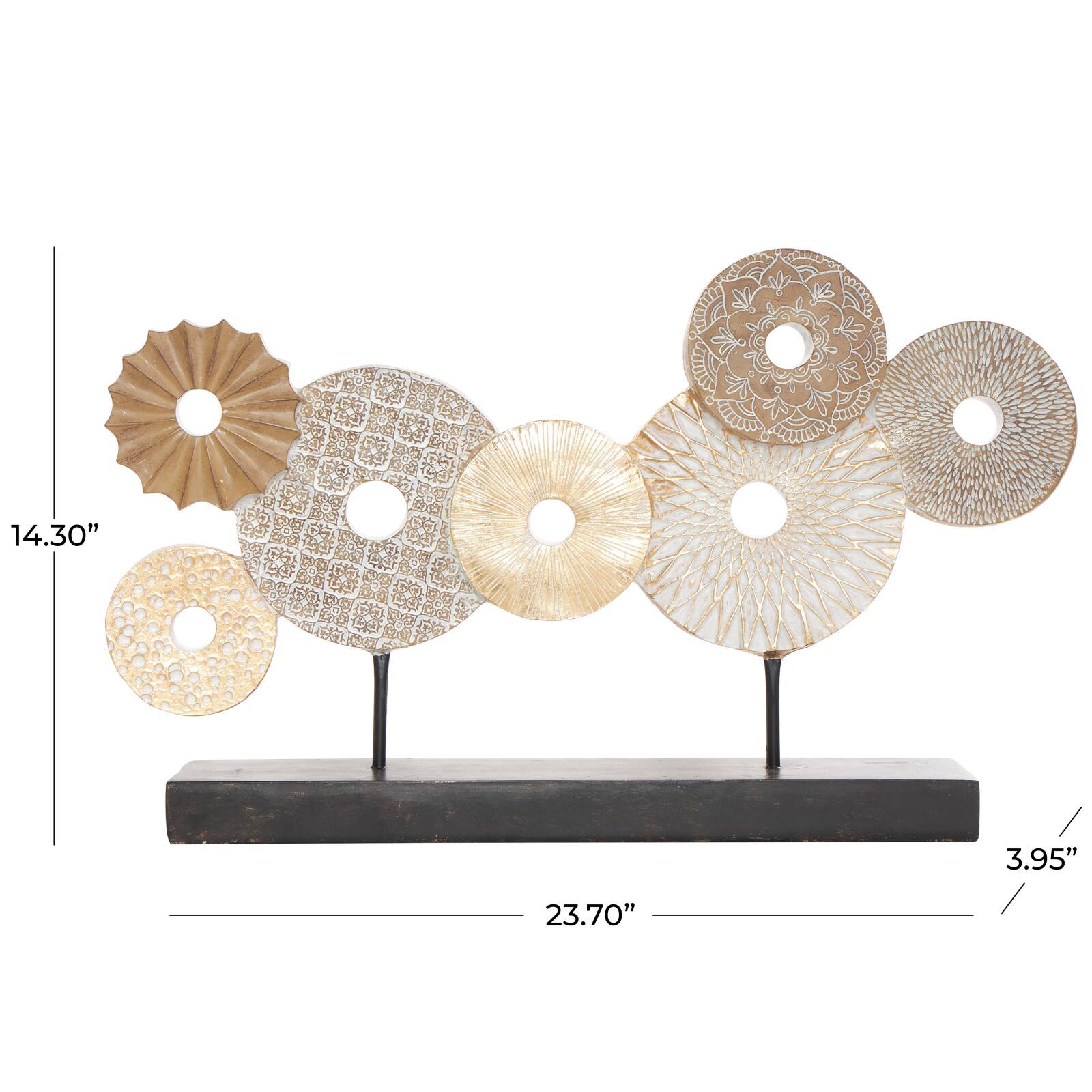 24" Beige Overlapping Carved Circle Disk Floral Sculpture with Black Stand