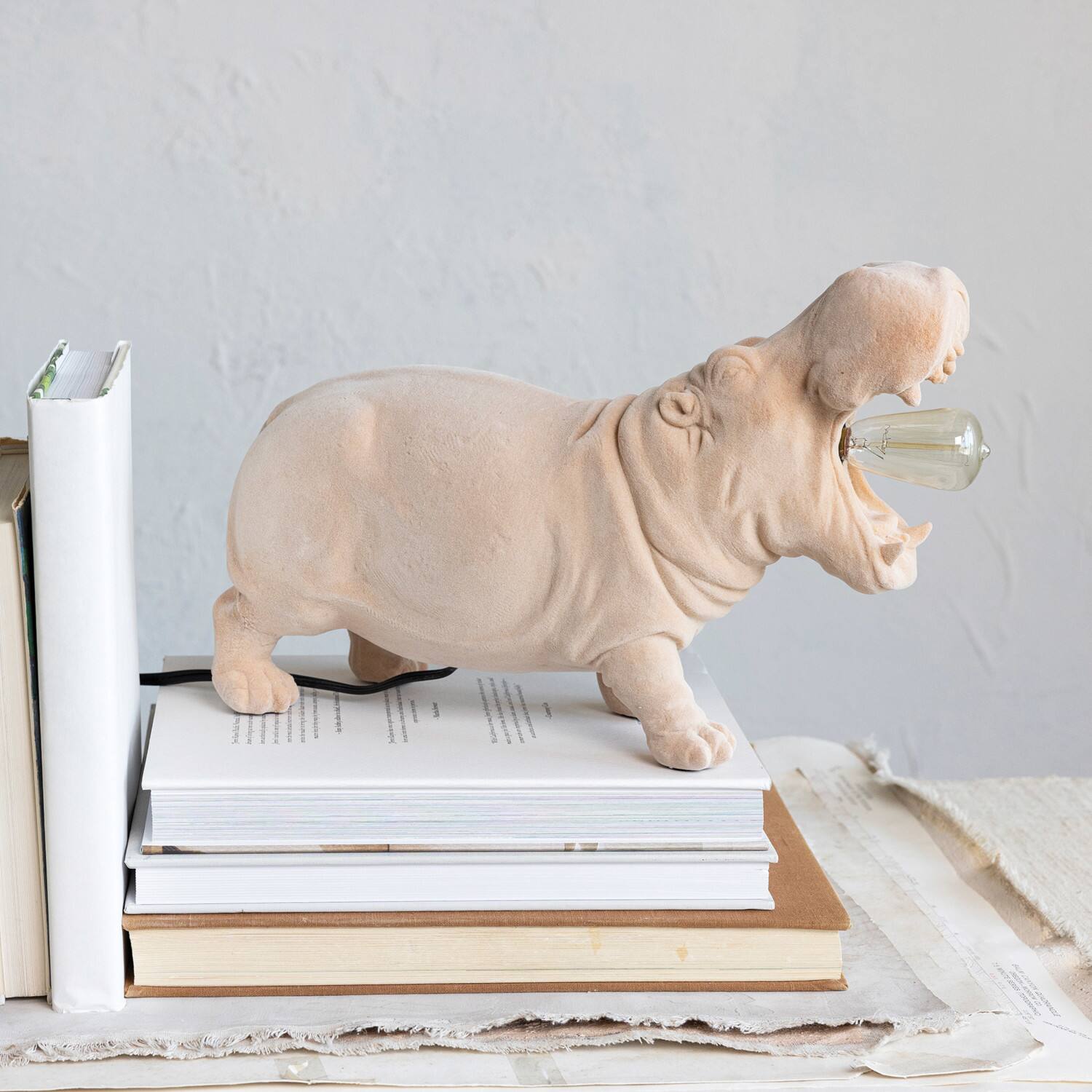 14&#x22; Blush Flocked Hippo Table Lamp