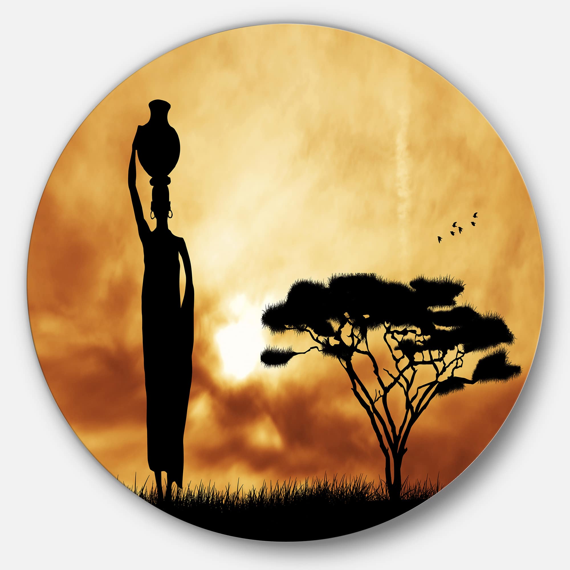 Designart - African Woman and Lonely Tree' African Landscape Metal Circle Wall Art