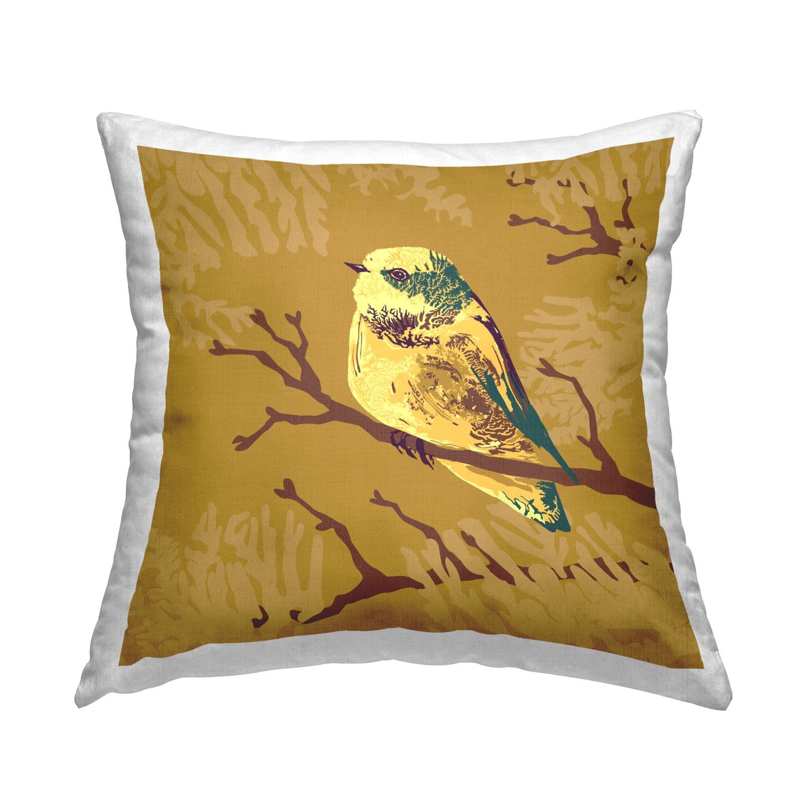 Stupell Industries Perched Yellow Bird Botanical Leaf Pattern Throw Pillow, 18" x 18"